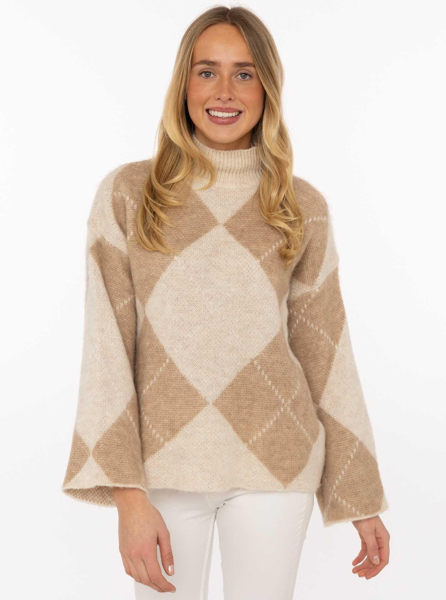 Zwillingsherz Rollkragenpullover "Argyle" großes Rautenmuster, hoher Kragen, Strick, One Size
