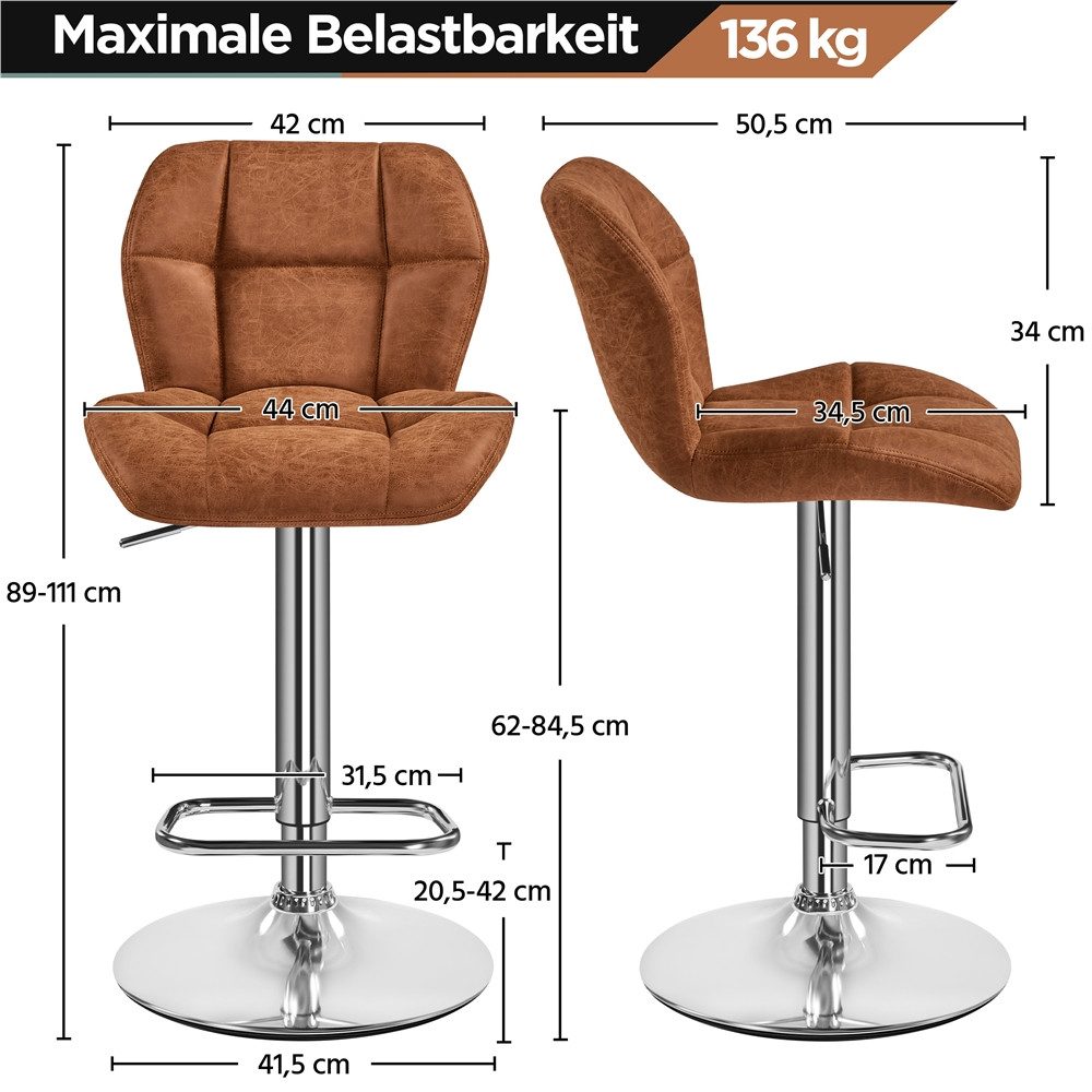 Yaheetech Barhocker 360° Drehbare Hocker mit Fußstütze (2 St), 1/2/4/6er-Set Barstühle Küchenstühle Bistrohocker höhenverstellbar – Bild 4 von 5