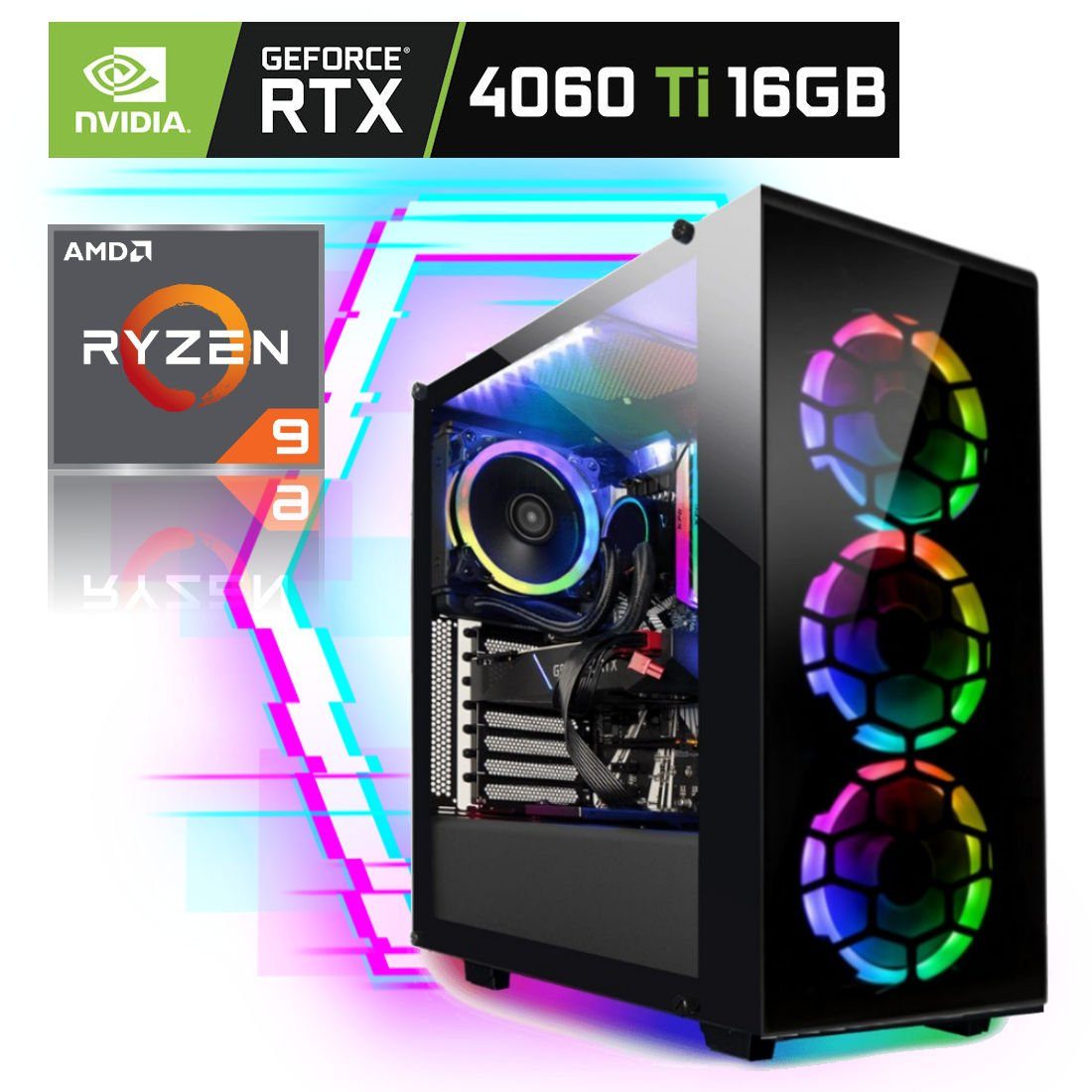 Meinpc Ryzen 9 RTX 4060 Ti 16G Gaming-PC (AMD Ryzen 9 5900X, Nvidia Geforce RTX 4060 Ti 16GB, 32 GB RAM, 1000 GB SSD, RGB, Windows 11 Pro, Gamer, Gaming)