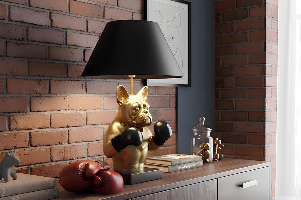 riess-ambiente Tischleuchte BULLDOG 55cm schwarz/gold - Stoffschirm, Hunde-Skulptur, Boxer, Unikat, Ein-/Ausschalter, ohne Leuchtmittel, Extravagante Tierleuchte - ideal für Sideboard, Nachttisch od. Kommode