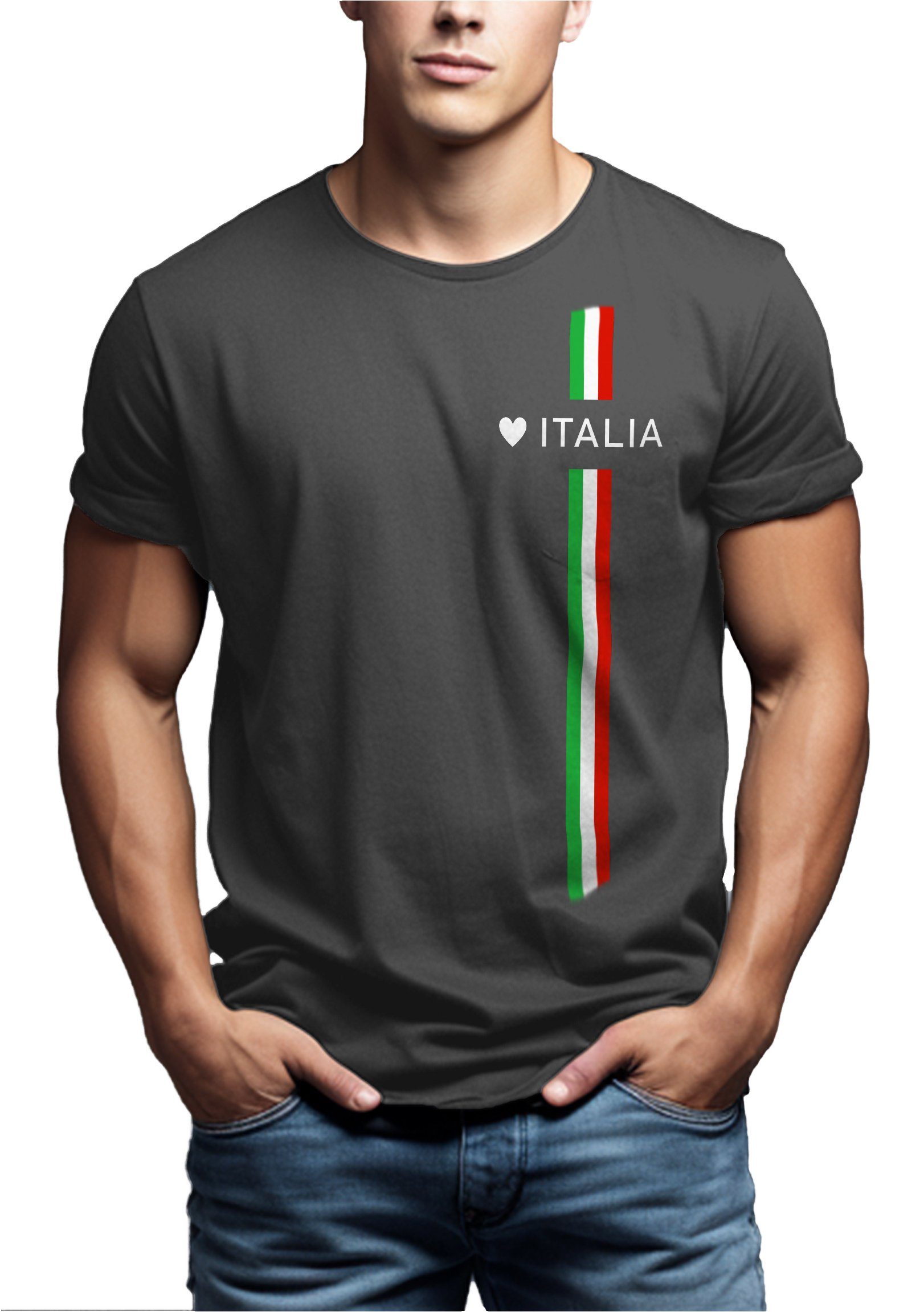 MAKAYA T-Shirt Italia Grau Flagge Männer Herz Herren Fahne Trikot Jungs, Fußball Italien Italienische