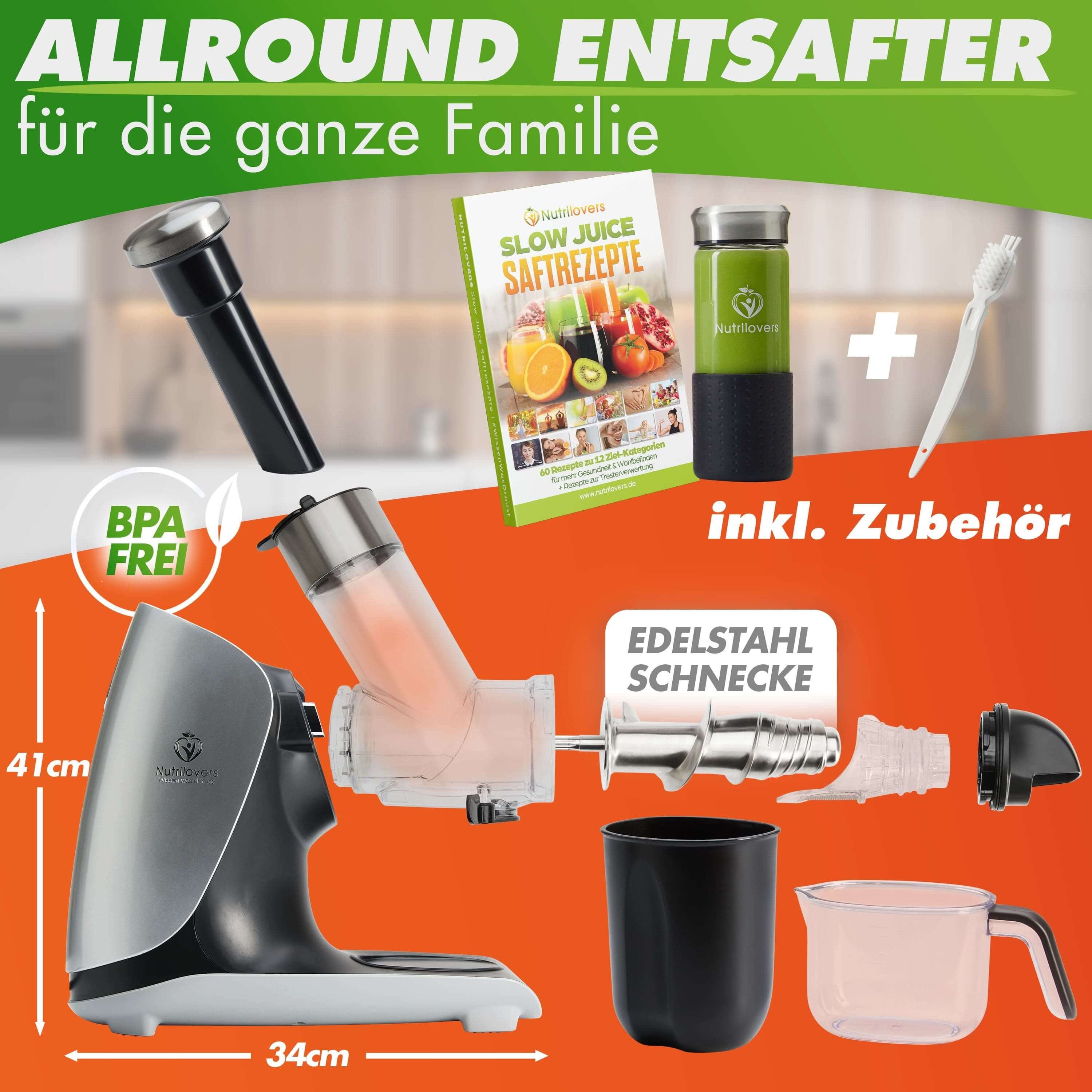 Nutrilovers Slow Juicer Edelstahl Slow Juicer - Nährstoffreiche Säfte - Sellerie Entsafter, 200 W