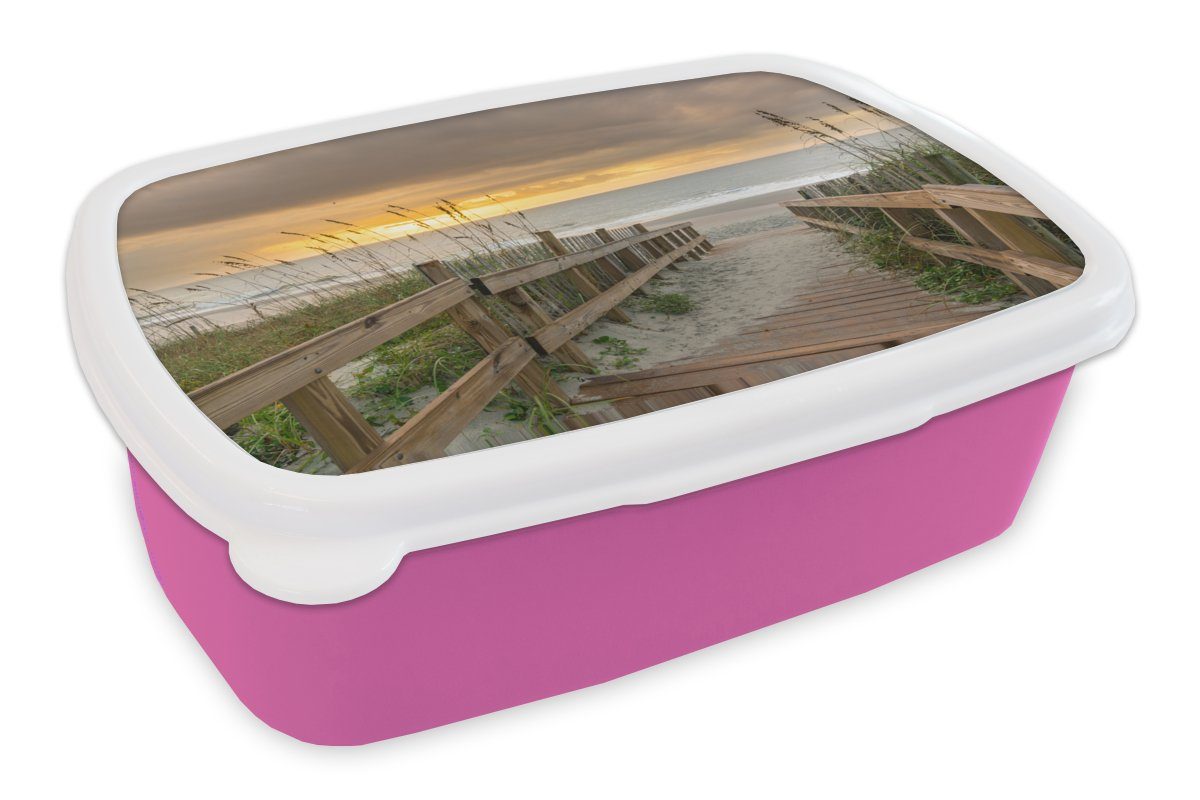 MuchoWow Lunchbox Strand - Meer - Düne - Weg, Kunststoff, (2-tlg), Brotbox für Erwachsene, Brotdose Kinder, Snackbox, Mädchen, Kunststoff rosa