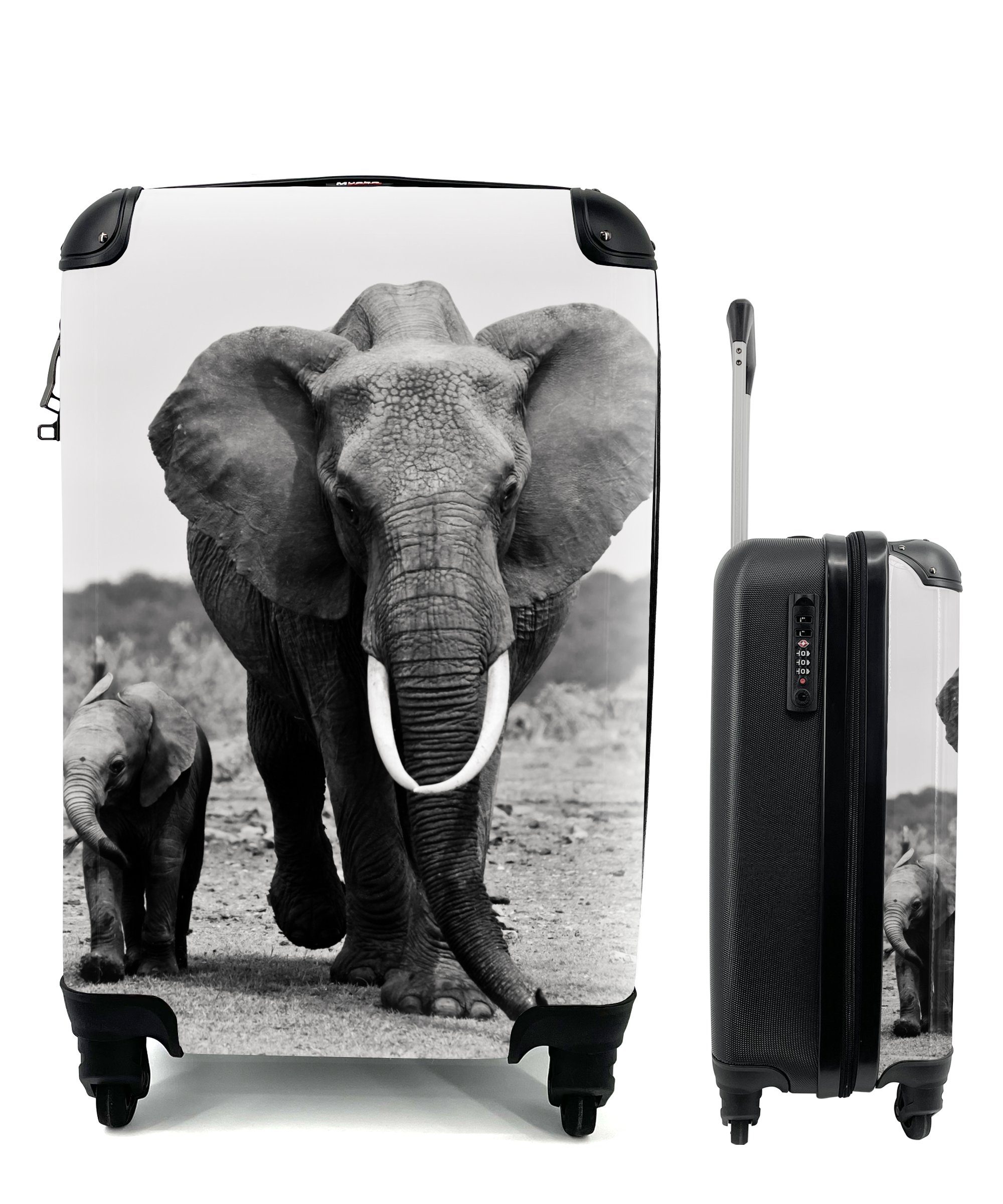 MuchoWow Handgepäckkoffer Elefant - Kind - Schwarz - Weiß, 4 Rollen, Reisetasche mit rollen, Handgepäck für Ferien, Trolley, Reisekoffer