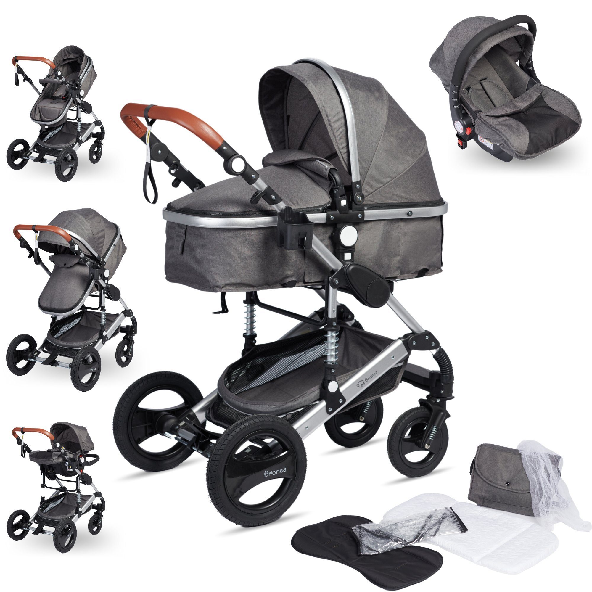 Bronea Kombi-Kinderwagen EXQUISE Kinderwagen 3in1 mit MATRATZE, BUGGY & AUTO-BABYSCHALE, Grey/Silver, Gummi Reifen,Wickeltasche,Regen-, Mücken- & Sonnenschutz