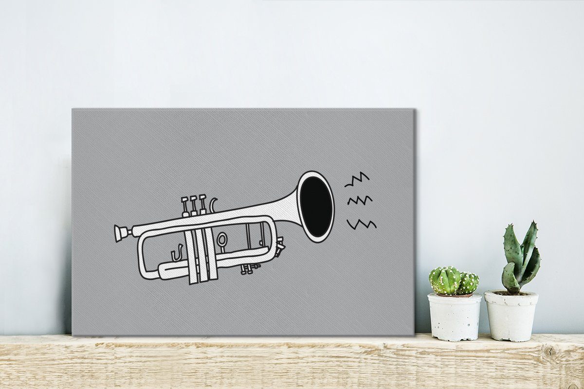 St), Schwarz-weiße 30x20 Trompete OneMillionCanvasses® Hintergrund, (1 einer Wandbild Illustration auf Leinwandbild Wanddeko, Leinwandbilder, Aufhängefertig, grauem cm