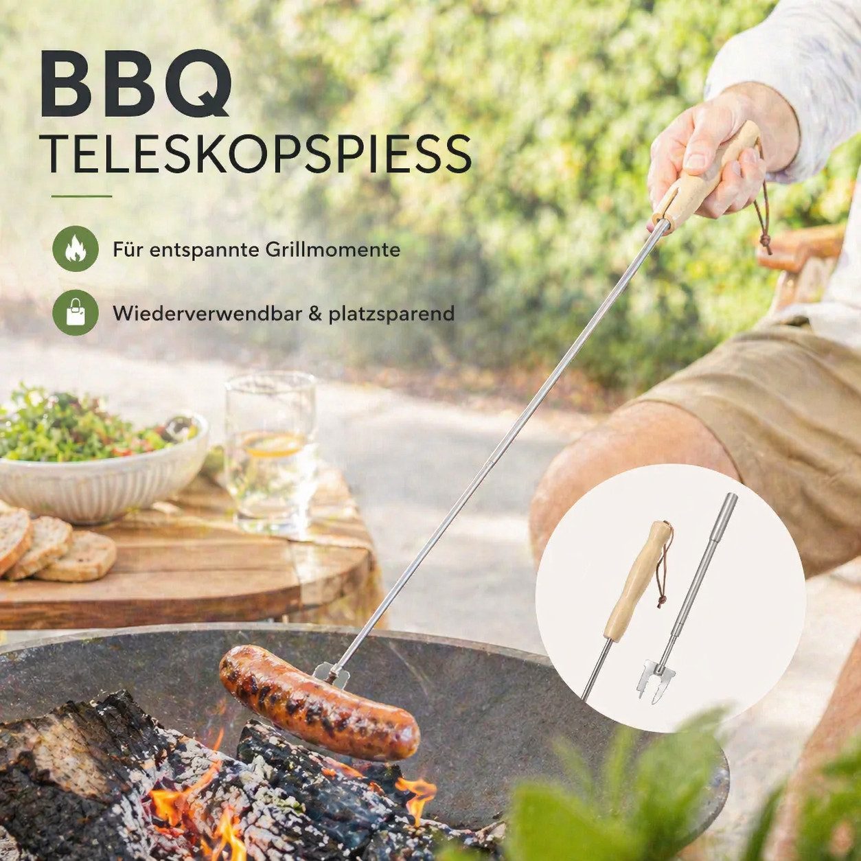 esschert design Grillspieß Teleskopgrillspieß aus Edelstahl mit Holzgriff, ausziehbar bis 80 cm, Ausziehbar