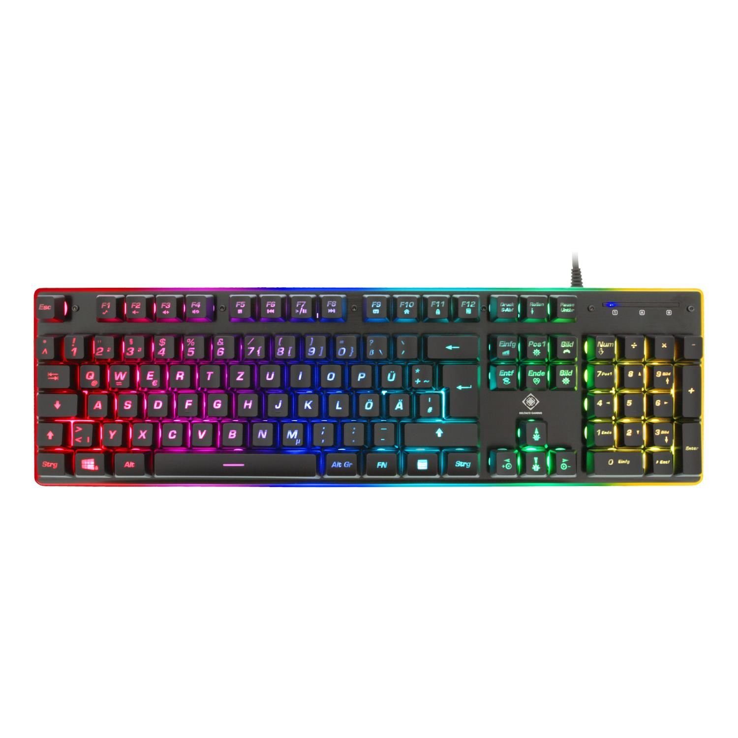 DELTACO Gaming Tastatur (Membran, (Oberfläche Gaming-Tastatur Aluminium, RGB-Beleuchtung, schwarz Jahre Anti-Ghosting) RGB, 5 Aluminium, Herstellergarantie) aus