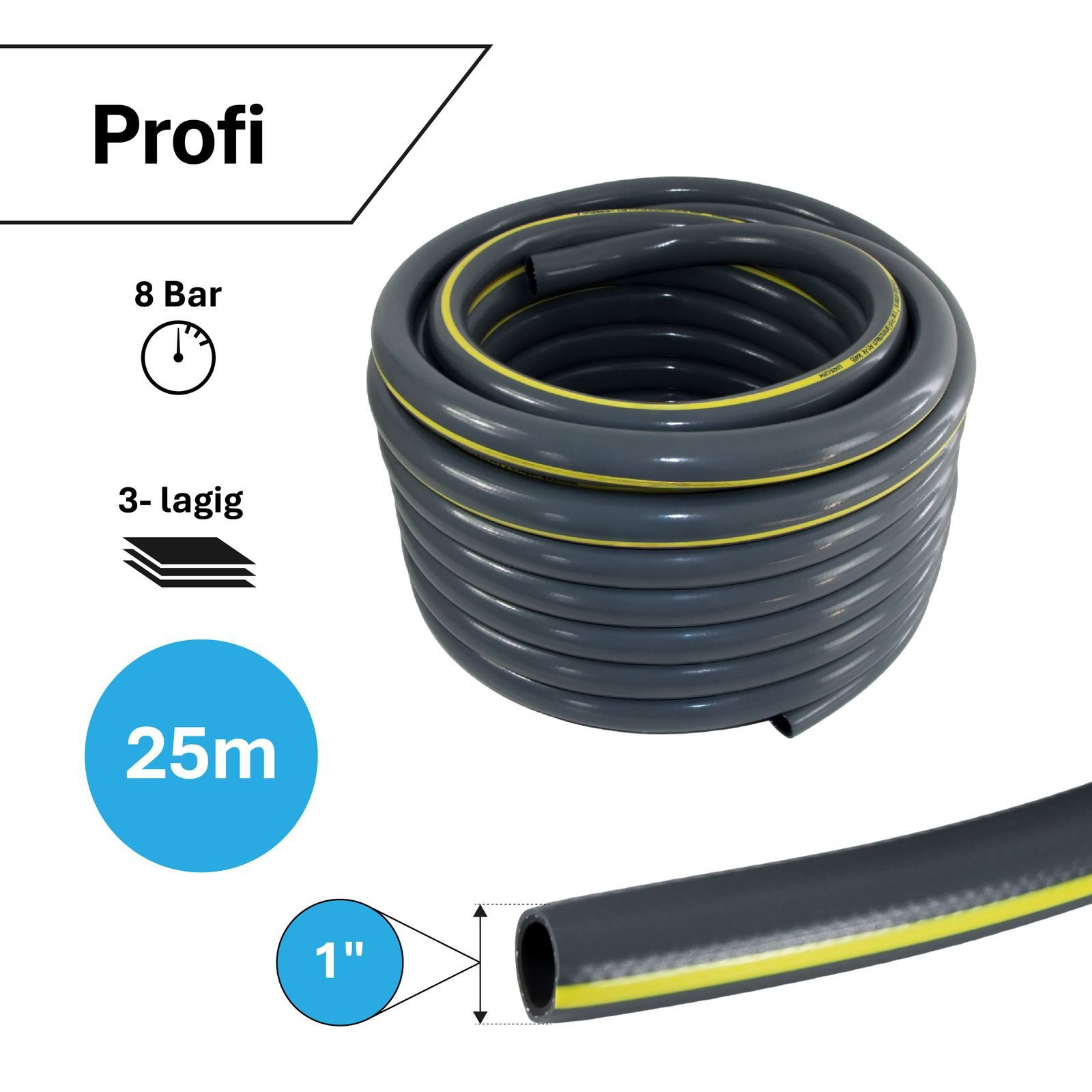 APD Schlauchtechnik Gartenschlauch Gartenschlauch Grau 1 Zoll 25 m 3-lagig verstärkt knickfest