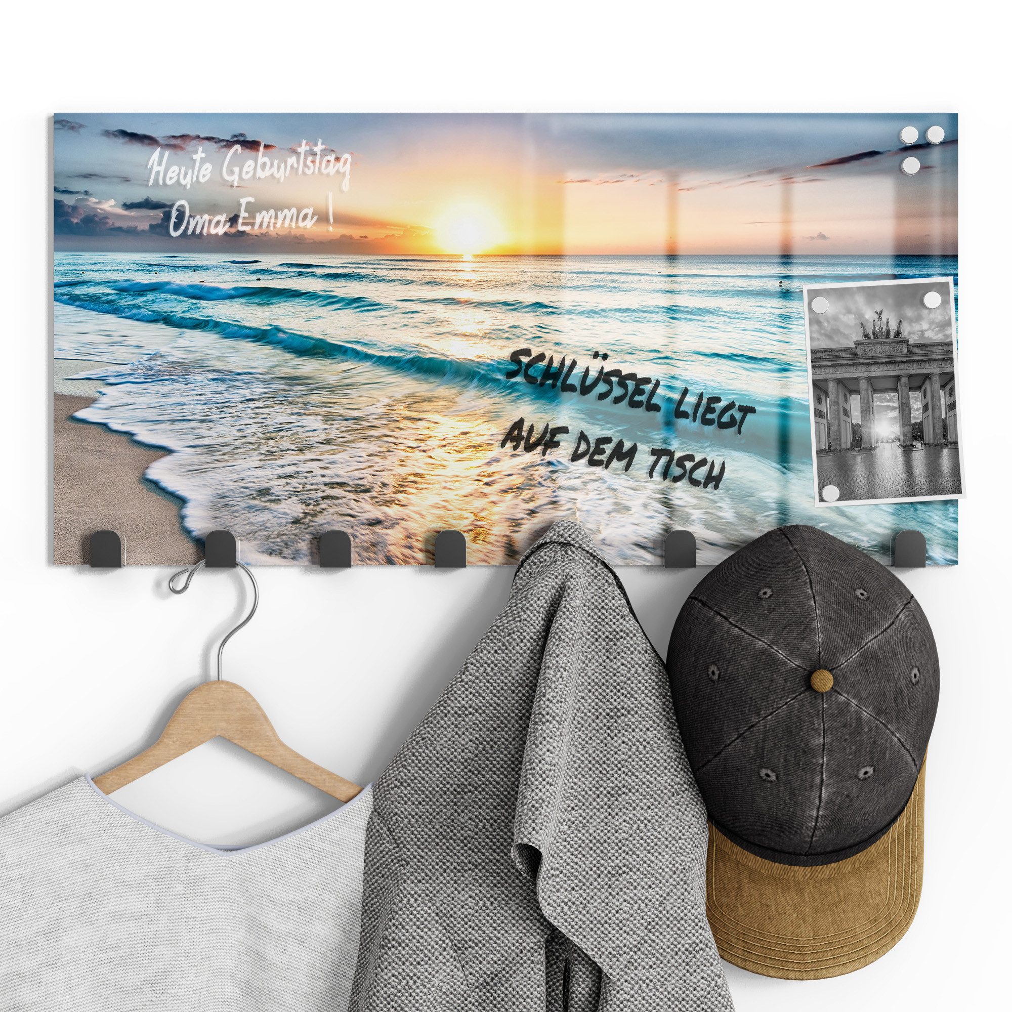 DEQORI Kleiderhaken 'Küste im Morgenlicht', Glas Garderobe Paneel magnetisch beschreibbar