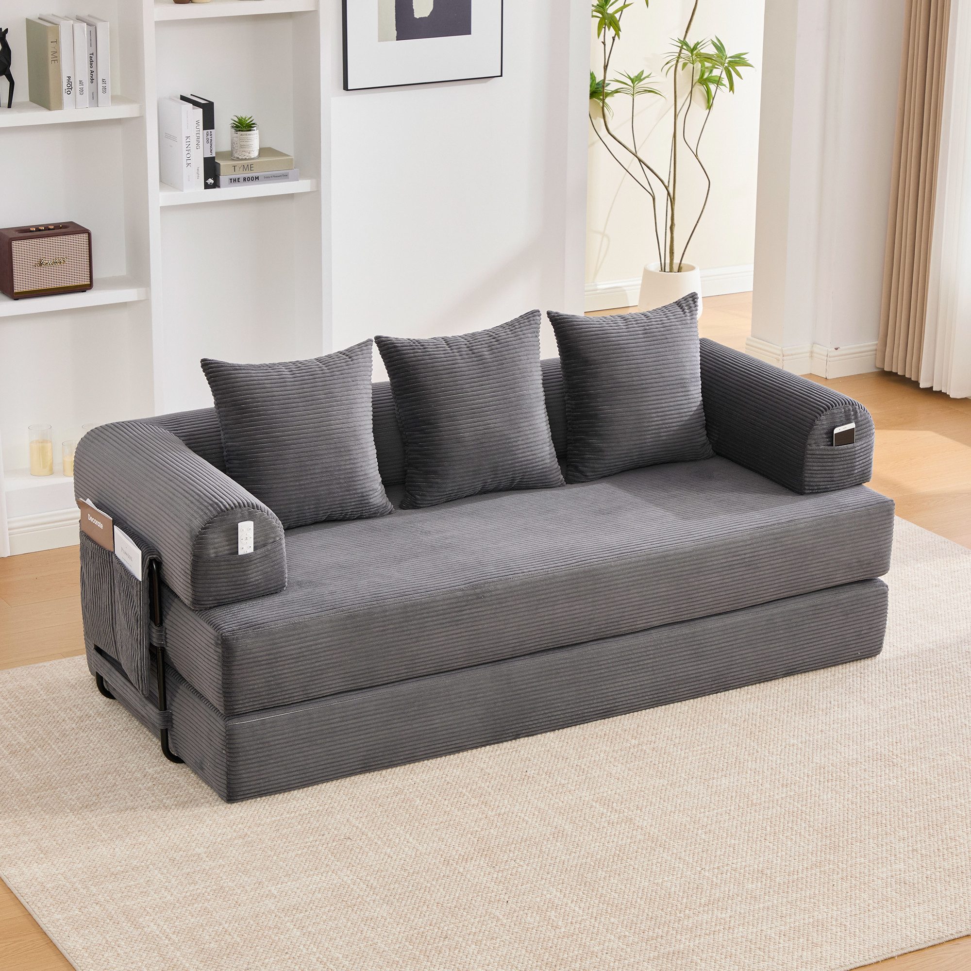 STILVORA Schlafsofa mit Seitentaschen,Klappsofa Relaxsofa mit Kissen&Metallrahmen, Stoffbezug, inklusive 3 Kissen und praktischen Seitentaschen, flexibel kombinierbar zur individuellen Loungegestaltung