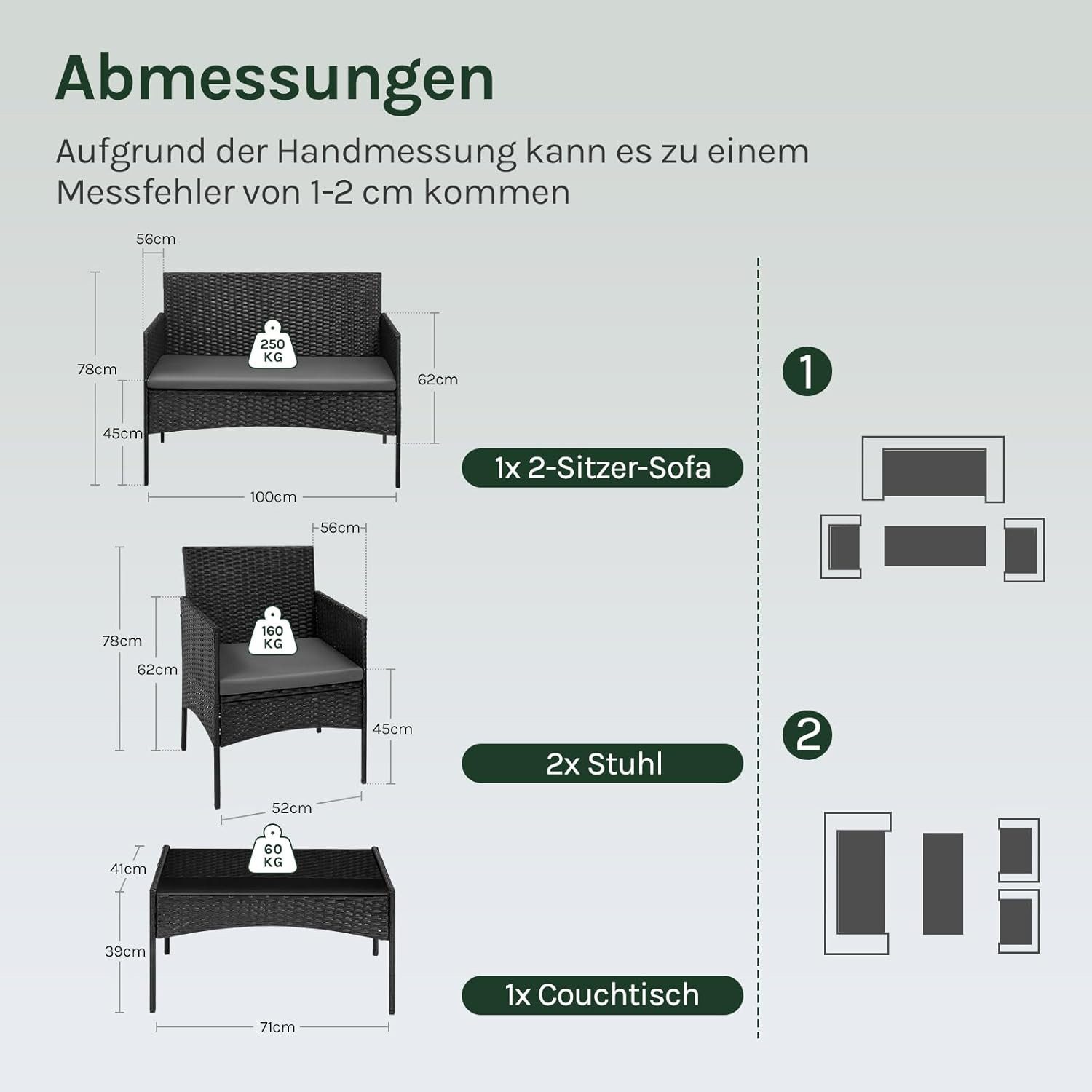 Woltu Gartenlounge-Set, (4-tlg., 1 Sofa, 2 Sessel, 1 Couchtisch), Gartenmöbel-Set, mit Metallrahmen und Sicherheitsglas