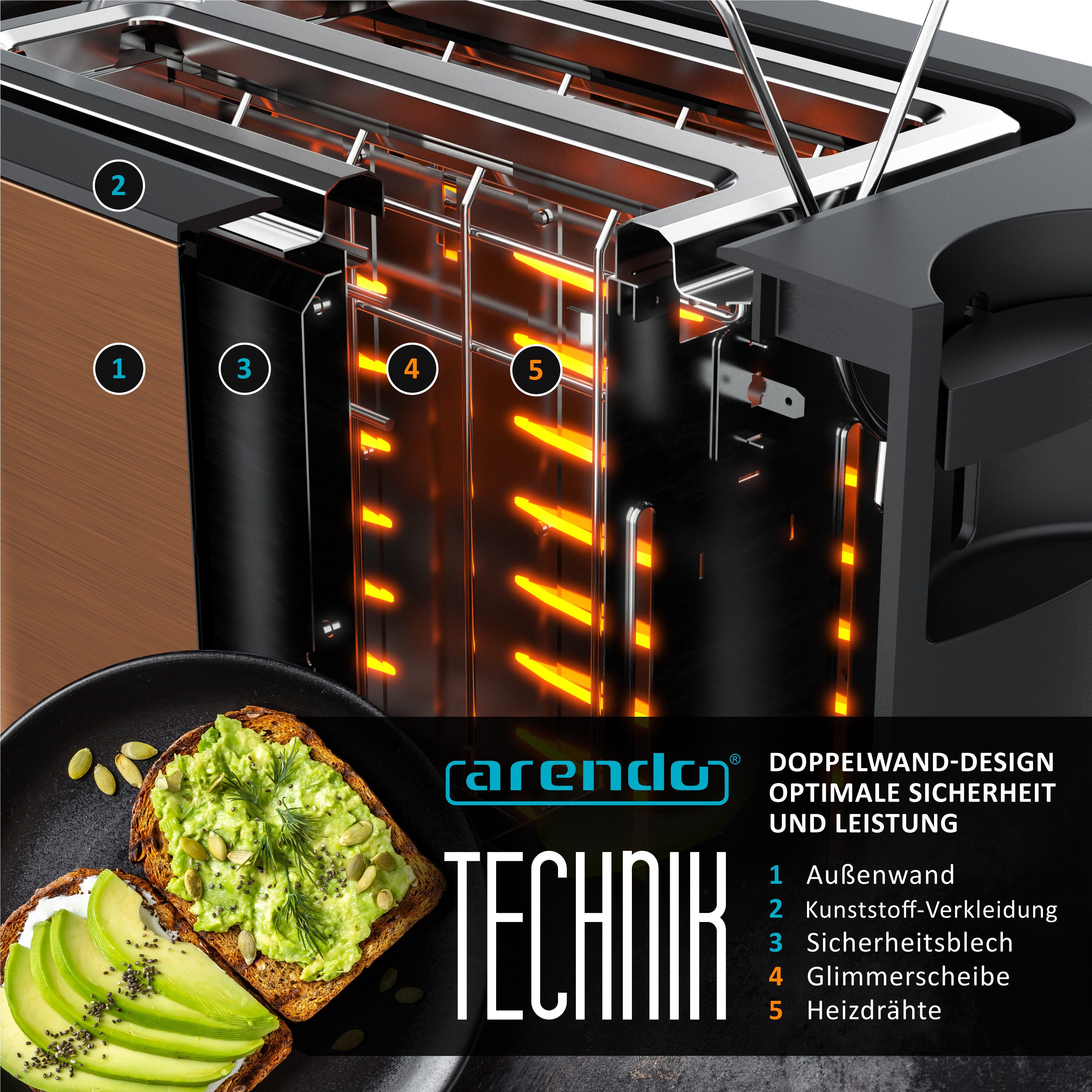 Arendo Toaster Wärmeisoliertes Doppelwandgehäuse, Display mit Restzeitanzeige, 2 kurze Schlitze, für 2 Scheiben, 800 W, Touchpanel, Brötchenaufsatz, 7 Bräunungsgrade, Brotscheibenzentrierung