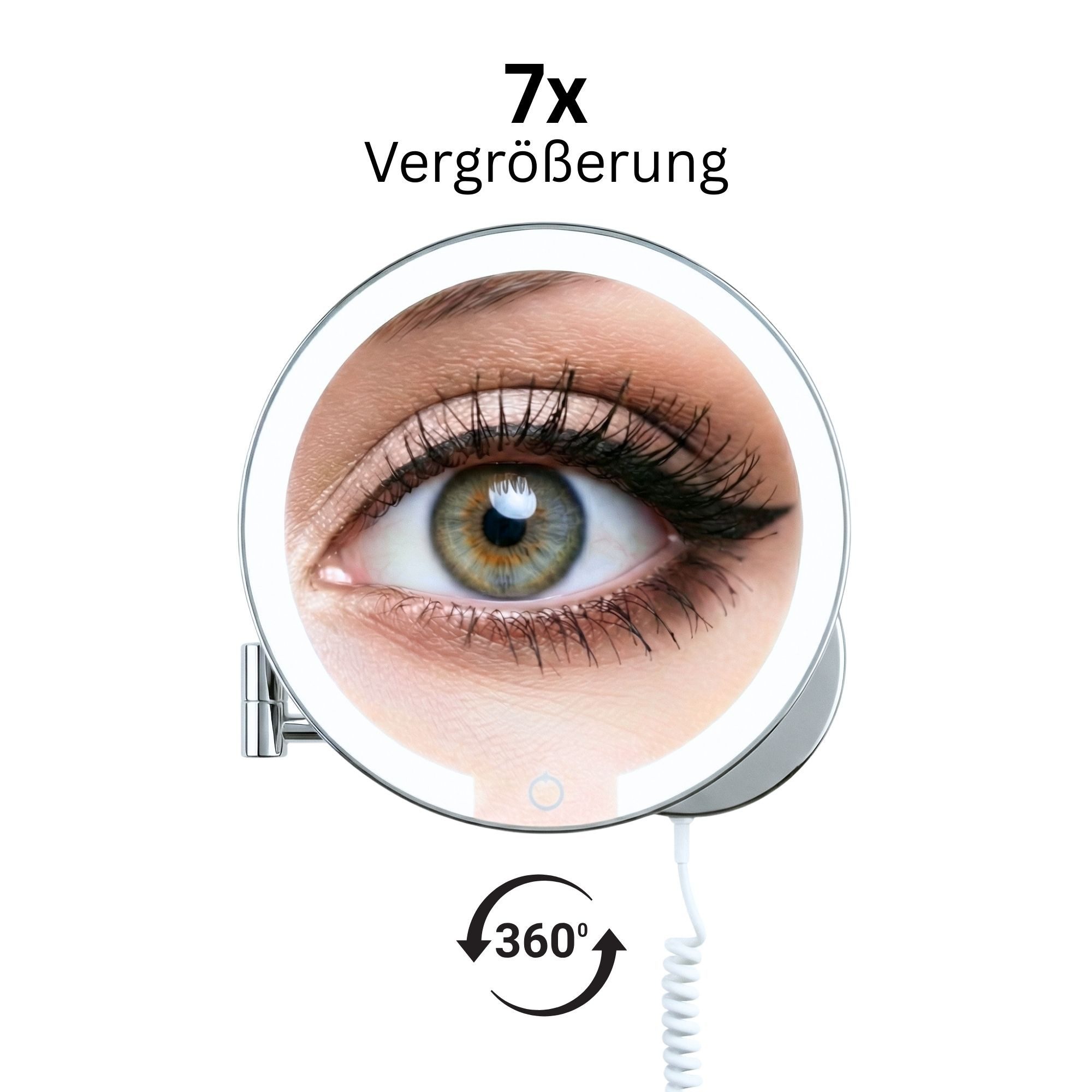 Libaro Kosmetikspiegel mit Beleuchtung und Vergrößerung RAVENNA 7-fach schwenkbar Wandmontage, LED Vergrößerungsspiegel mit Stecker, Schminkspiegel dimmbar, klappbar