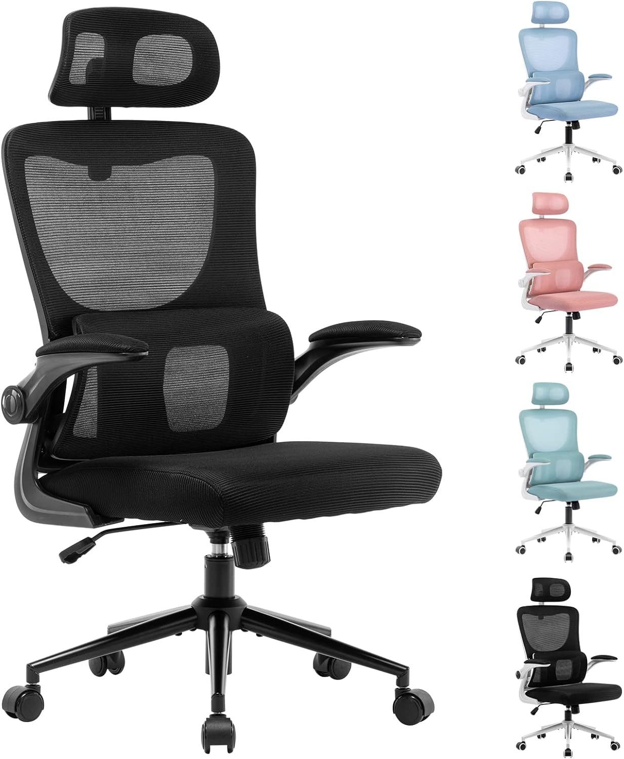 LIYURUI Bürostuhl (Stuhl mit Lordosenstütze/gepolsterter hochklappbarer Armlehne), Büro,Verstellbarer Schreibtischstuhl mit Kopfstütze atmungsaktiv 136Kg | Drehstühle