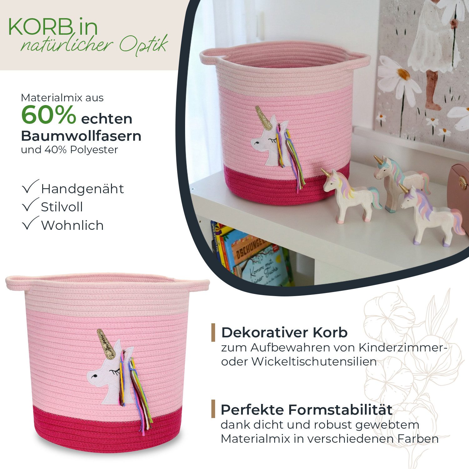 HMF Aufbewahrungskorb Aufbewahrungskorb mit verlängerten Griffen, runder Korb, Baumwolle für Kinderzimmer oder Babyzimmer, Einhorn, 30,5 x 30,5 cm – Bild 2 von 5