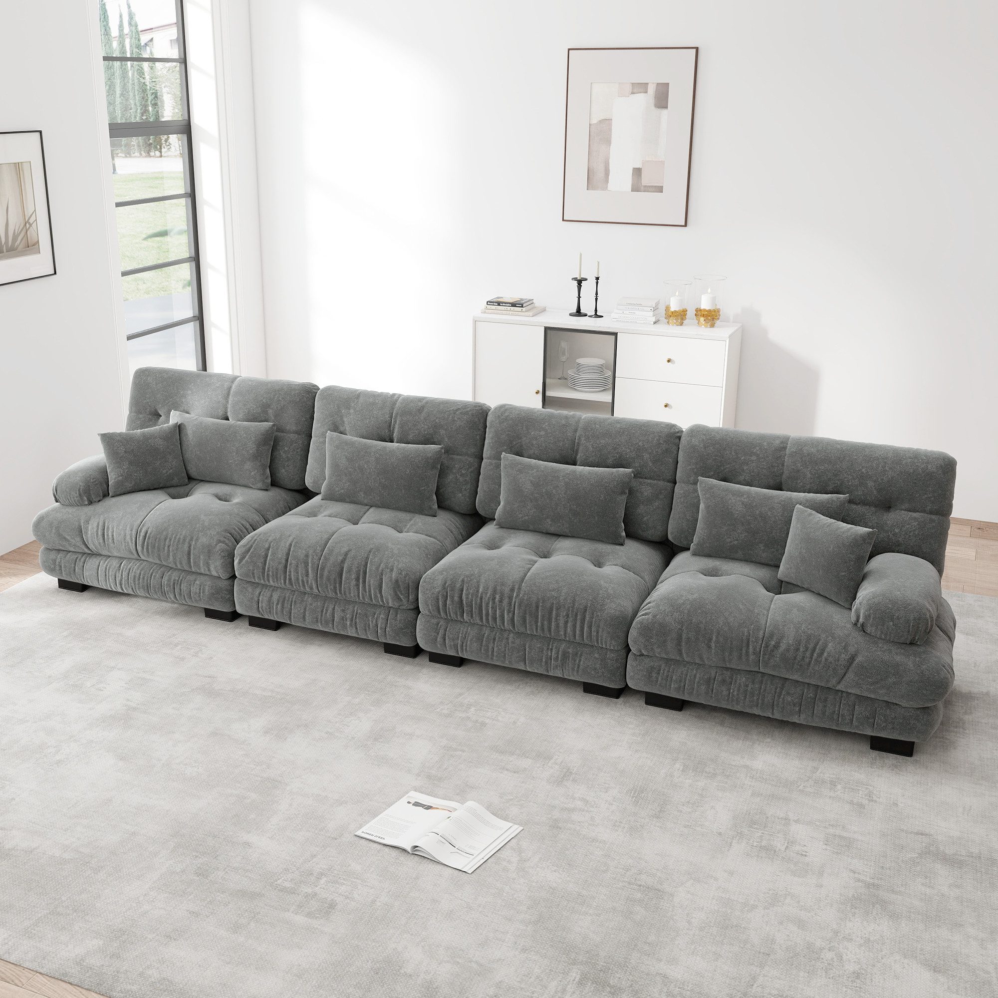 Odikalo 4-Sitzer Modulares Sofa Schlafsofa mit Tiefensitz, 4-Sitzer Modulares Ecksofa mit Tiefensitz, Chenille Schlafsofa Komfortabel Gepolstert für Wohnzimmer, Apartment, Studio, Büro, Chenille Mehrfarbig