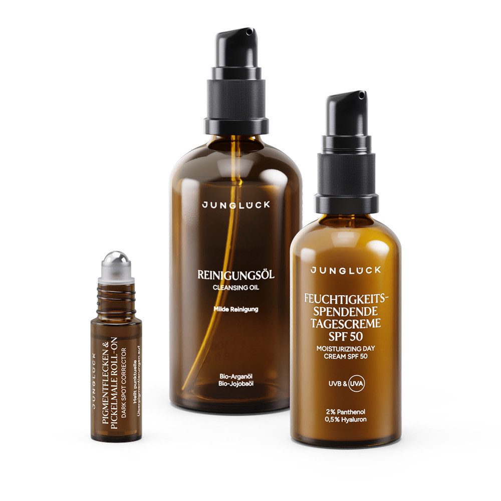 JUNGLÜCK Hautpflege-Set Set Pigmentflecken & Pickelmale aufhellen mit SPF 50, 1-tlg., Sorgt für ein gepflegtes, gleichmäßiges Hautbild