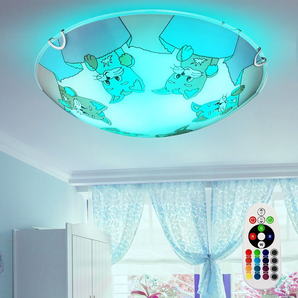 etc-shop Dekolicht, Leuchtmittel inklusive, Warmweiß, Farbwechsel, Kinder Zimmer Decken Leuchte Glas Fernbedienung Katzen Motive im Set