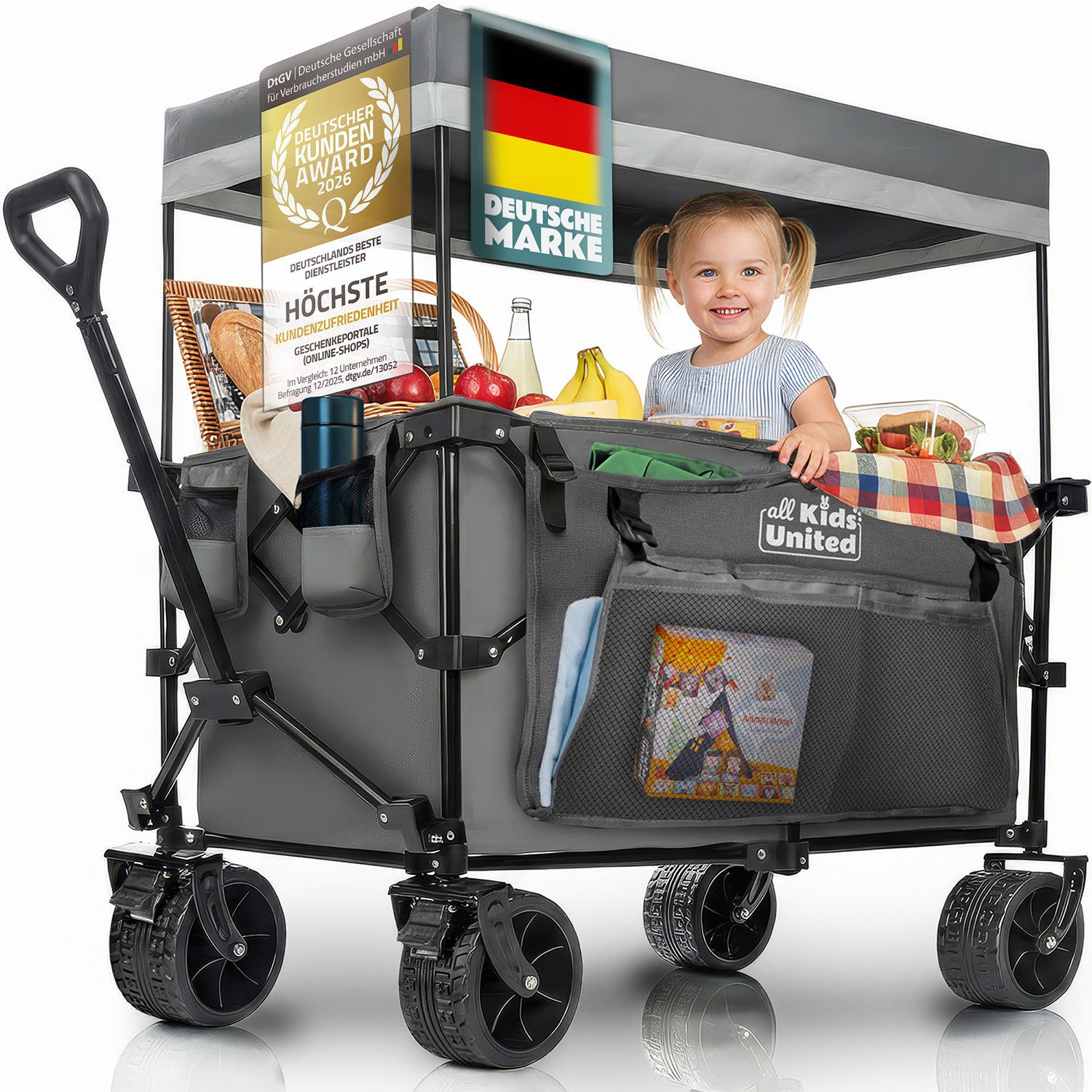 all Kids United Bollerwagen All Kids United Faltbarer Bollerwagen – 90 L, 150 kg, Strand & Garten (Handwagen Transportkarre mit Bremse, Verstellbarer Griff), für Strand, Garten & Outdoor