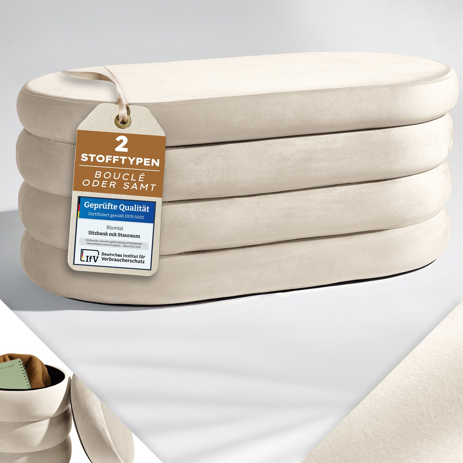 Blumtal Sitzhocker Hocker mit Stauraum mit Bouclé oder Velvet-Bezug, robuste Sitztruhe mit Stauraum und extrem Dickes MDF