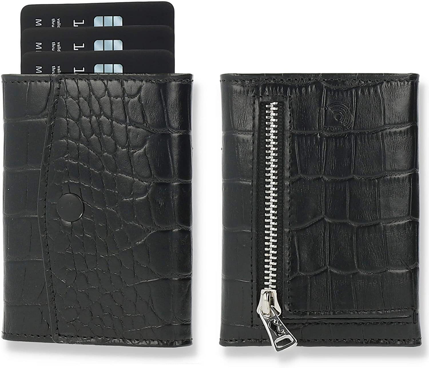 Solo Pelle Geldbörse Slim Wallet mit Münzfach I Geldbeutel mit RFID Schutz I für 12 Karten, RFID Schutz, Echtes Leder, dünne Geldbörse Krokoschwarz