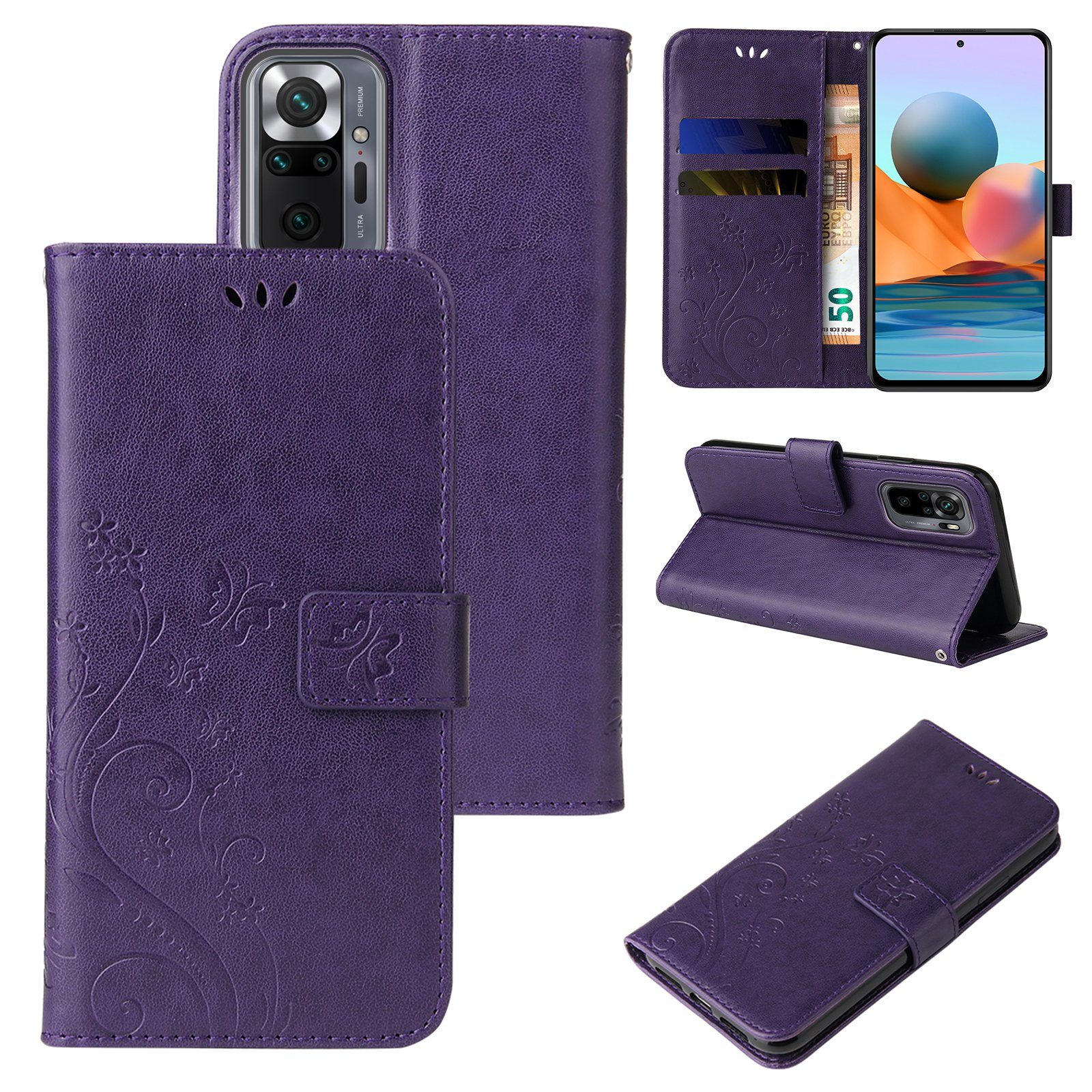 Tec-Expert Handyhülle Cover Tasche Hülle für Xiaomi Redmi Note 10 Pro 6,67 Zoll, Klapphülle Case mit Kartenfach Fliphülle aufstellbar, Motiv Blumen