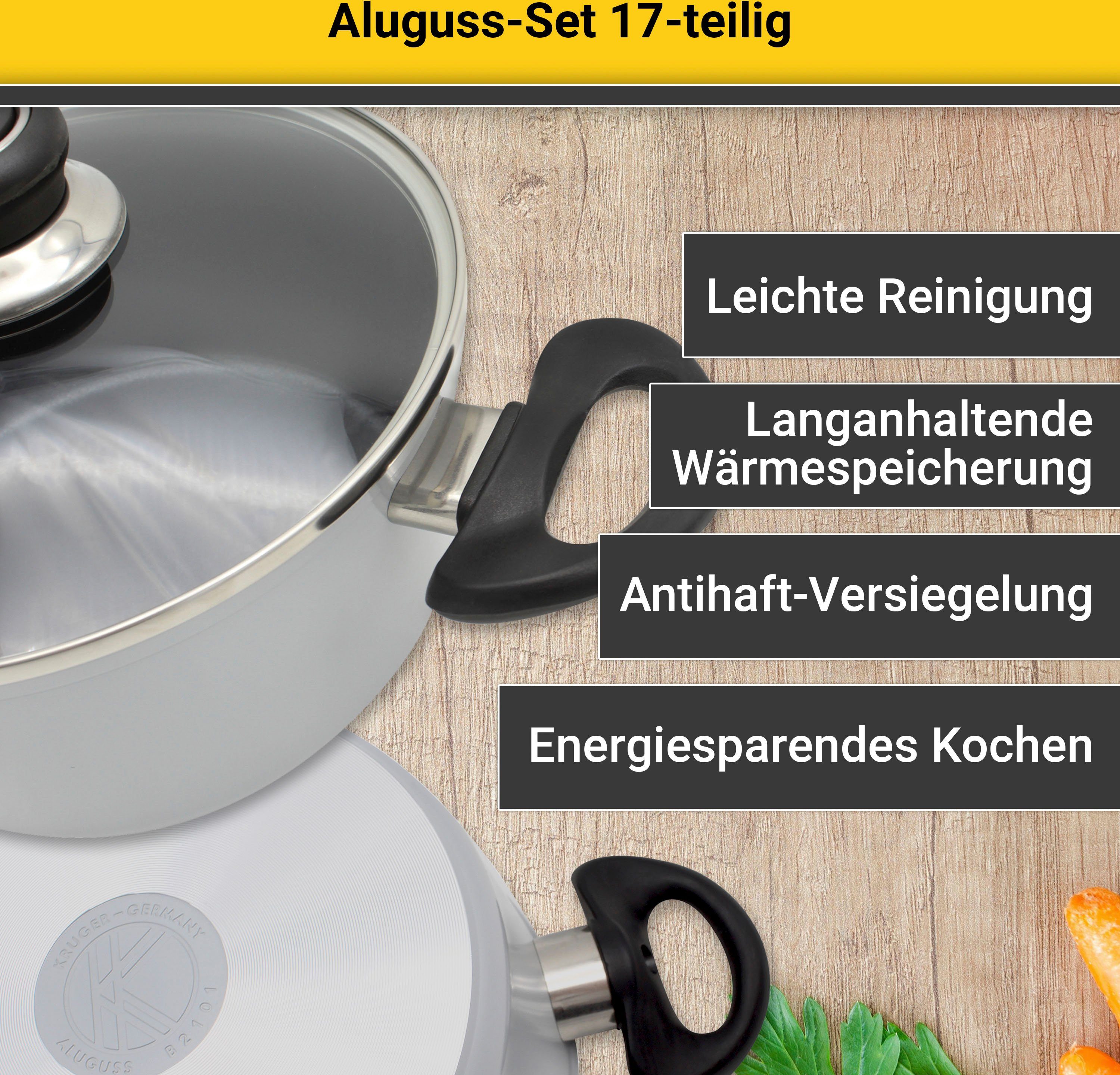 Krüger Topf-Set Aluguss Topf- und Pfannenset inkl. praktischen Küchenhelfern, 17 tlg., Aluminiumguss (Set, 17-tlg., Fleischtopf 16/18/20/24cm, Stieltopf 16cm Steakpfanne 7 T.Küchenhelfer), inkl. 7-tlg. Küchenhelfer-Set