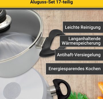 Krüger Topf-Set, Aluminiumguss (Set, 17-tlg., Fleischtopf 16/18/20/24 cm, Stieltopf 16 cm, Steakpfanne), inkl. 7-tlg. Küchenhelfer-Set