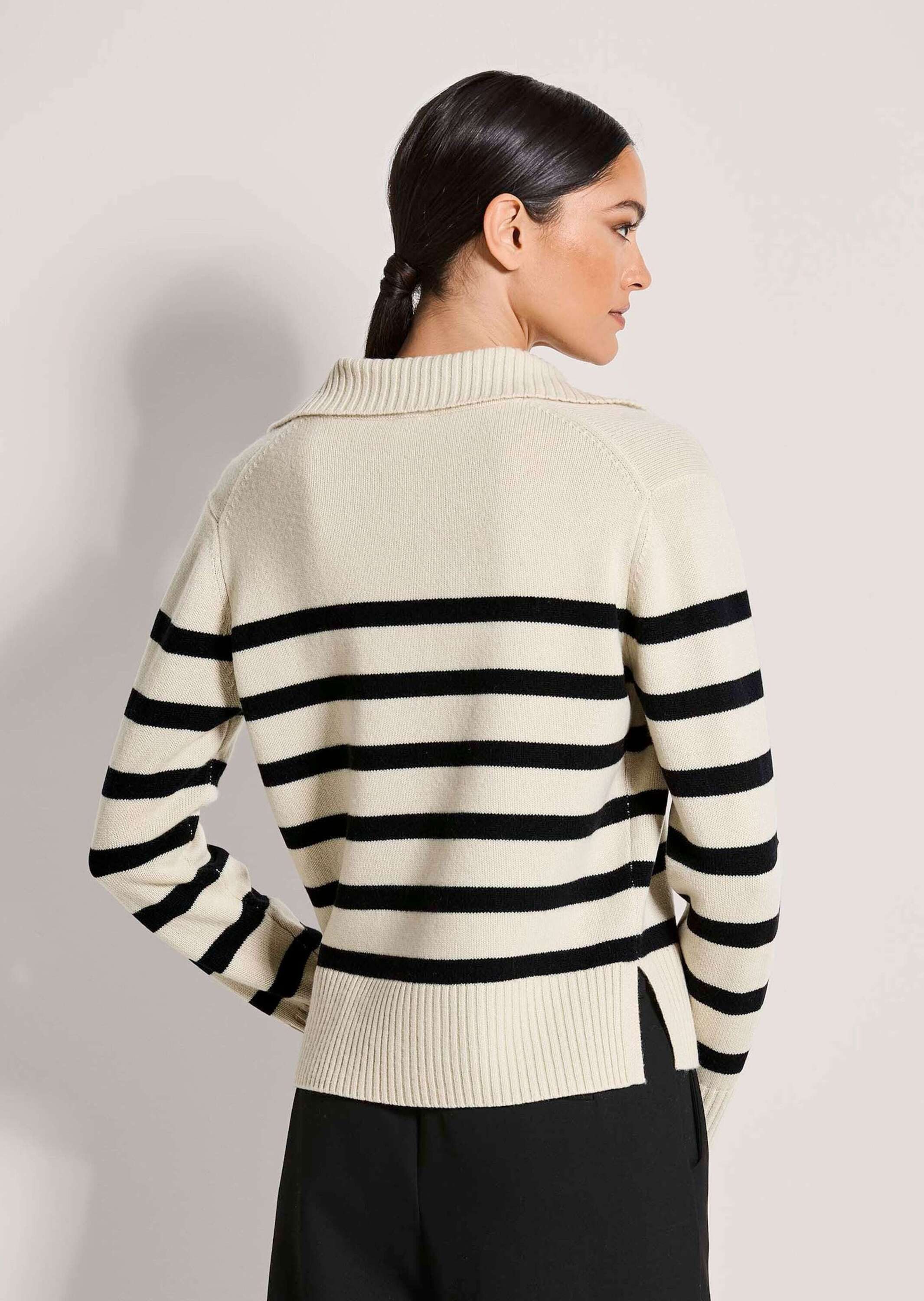 MADELEINE Strickpullover Sommerpullover im Streifen-Look Wollpullover mit Polokragen, V-Ausschnitt und Langarm