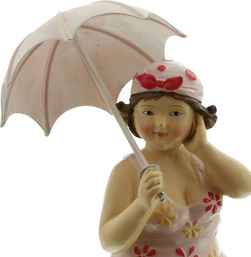 Dekoleidenschaft Dekofigur Stranddame mit Schirm, maritime Badenixe aus Polyresin, 10x7x21 cm, Schirm aus Metall