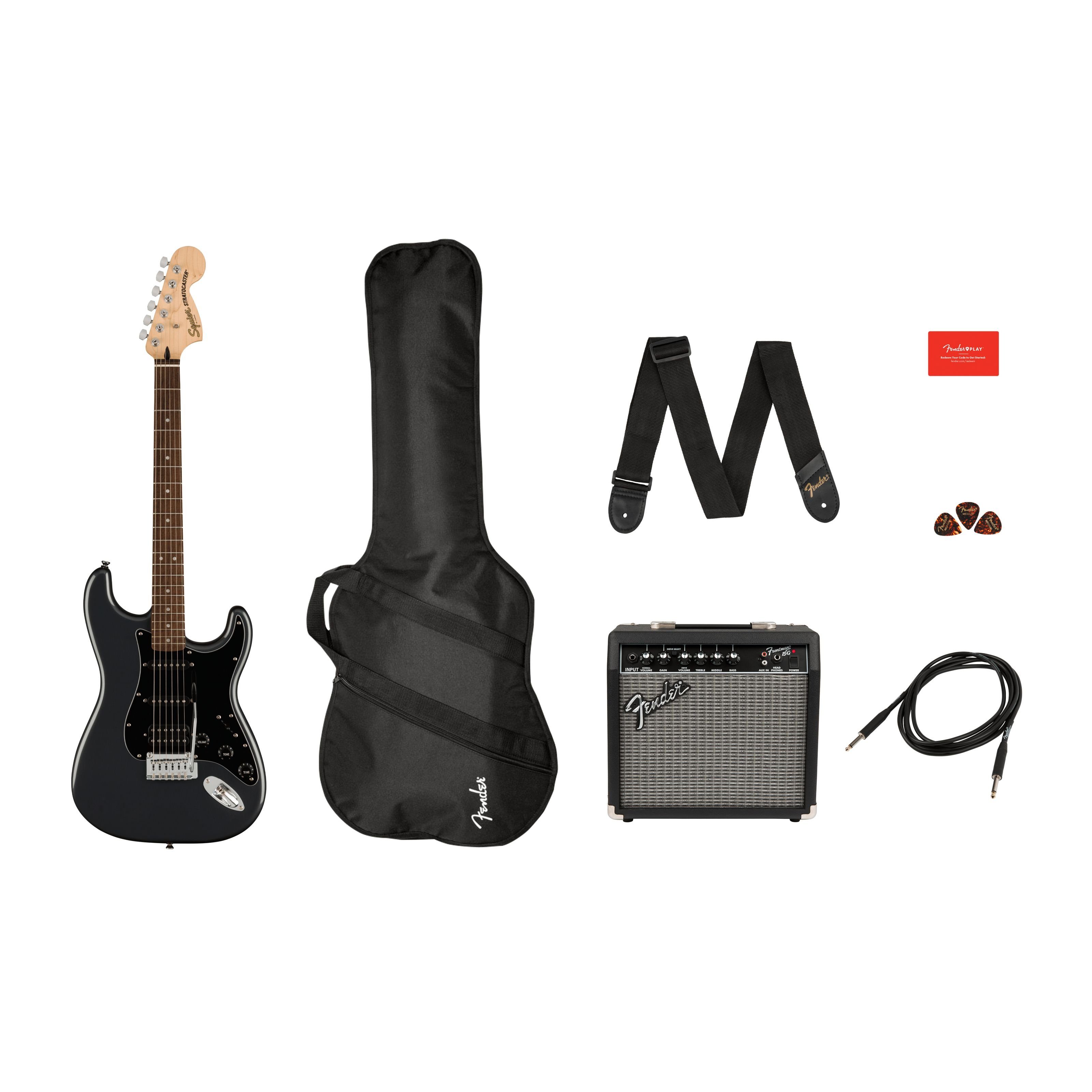 Squier E-Gitarre, E-Gitarren, E-Gitarren-Sets, Affinity Series Stratocaster HSS Pack LRL Charcoal Frost Metallic -