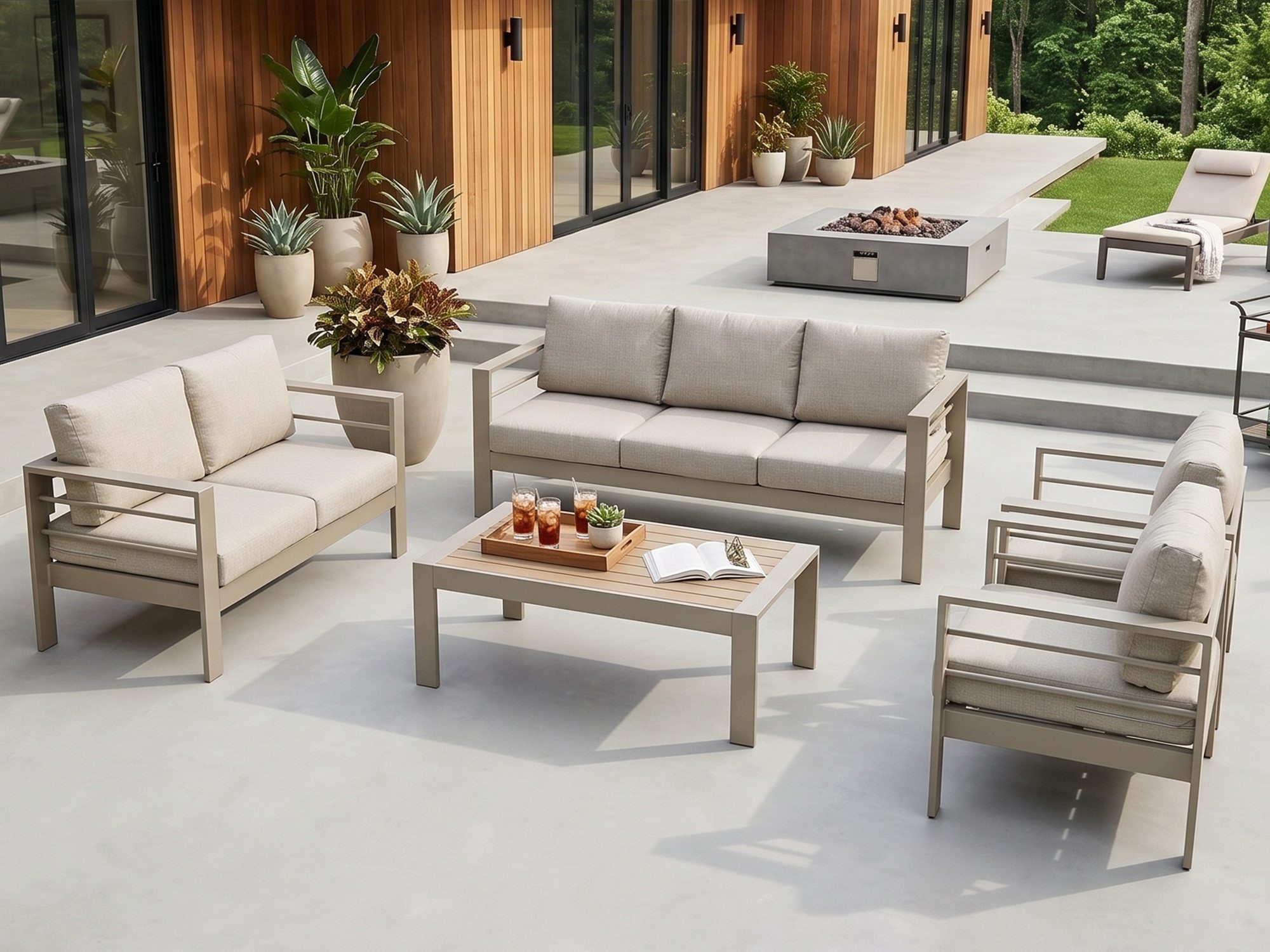 MeXo Gartenlounge-Set Gartenmöbel Set Aluminium wetterfest 6-7 Personen, (12cm Deluxe Relax-Sitzkissen, 5-tlg., Belastbarkeit pro Sitzplatz 140kg), outdoor Gartensofa mit Tisch, 8 cm breite Armlehne