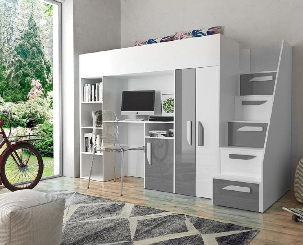 QMM TraumMöbel Hochbett PARIS 4 mit Schreibtisch Schrank Regal und Treppe Hochglanz (mit Treppe, Schrank, Schreibtisch & Regal)
