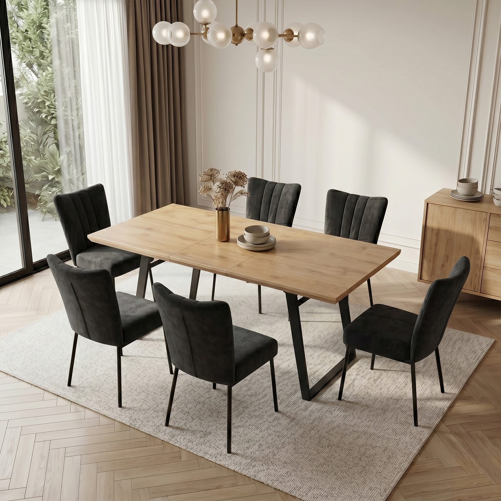 Jiexi Essgruppe Essgruppe ausziehbar MDF Eiche-Optik Tisch mit Samtstühlen – Bild 2 von 5