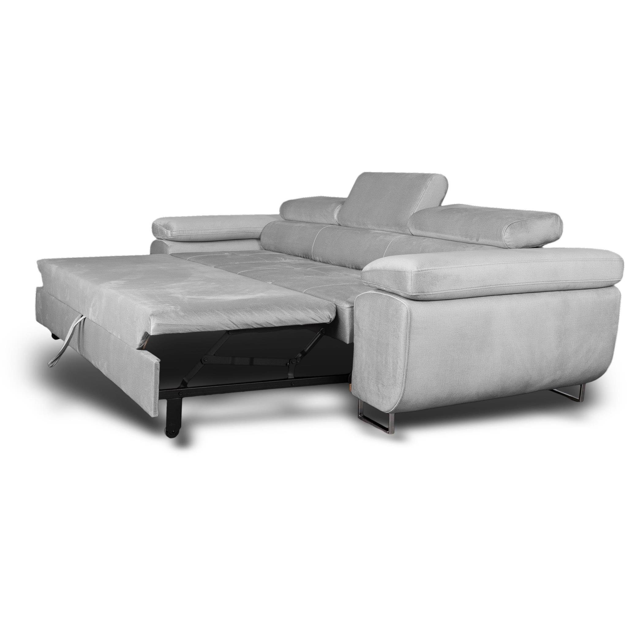 Verstellbare modernen Schlaffunktion 84) Stil, Dreisitzer hellgrau Beautysofa (monolith Couch mit Kopfstütze, Schlafsofa Schlafsofa