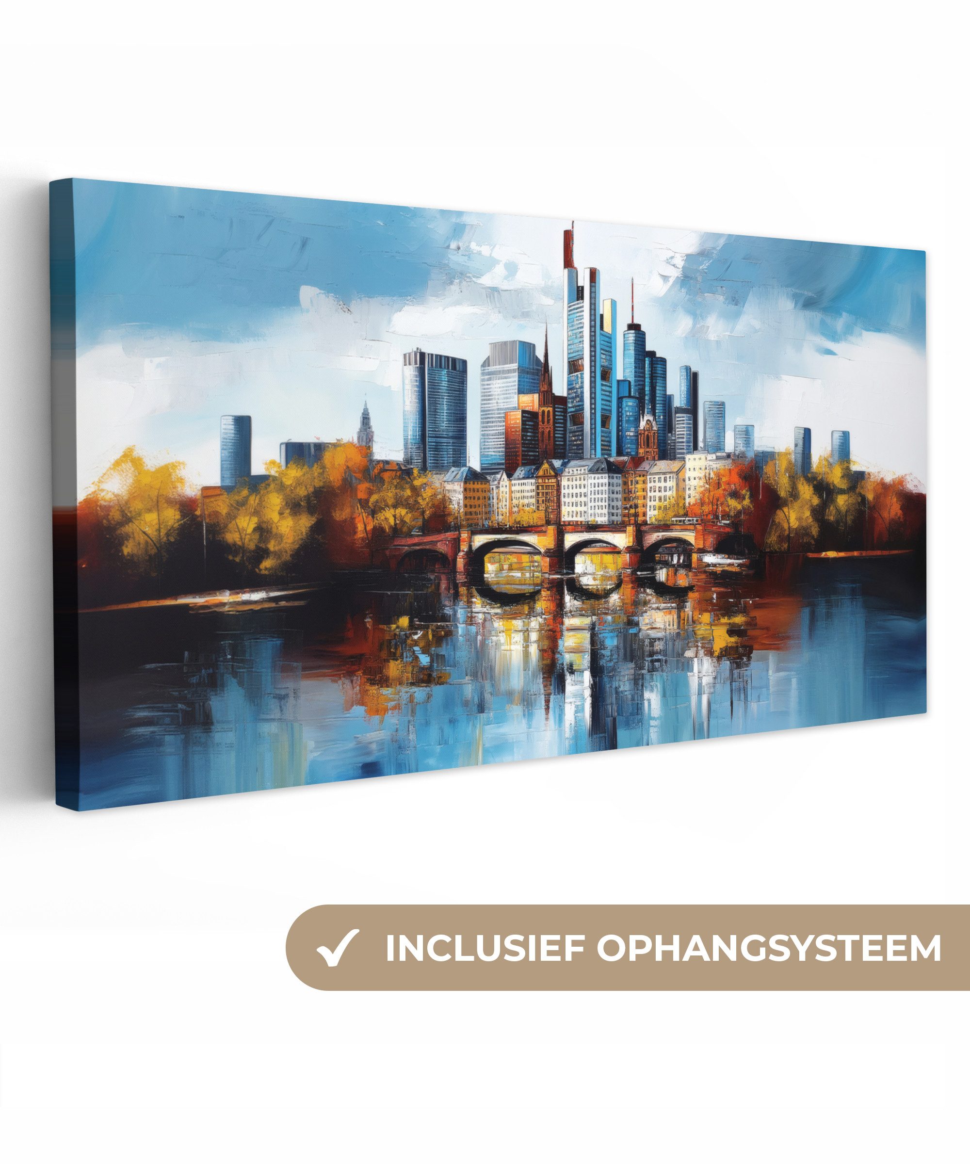 OneMillionCanvasses® Leinwandbild Panorama Bäume Frankfurt - Stadt - Skyline - Brücke, Fotodruck (1 St), Wandbild, Deko Schlafzimmer Wohnzimmer Flur 40x20 cm