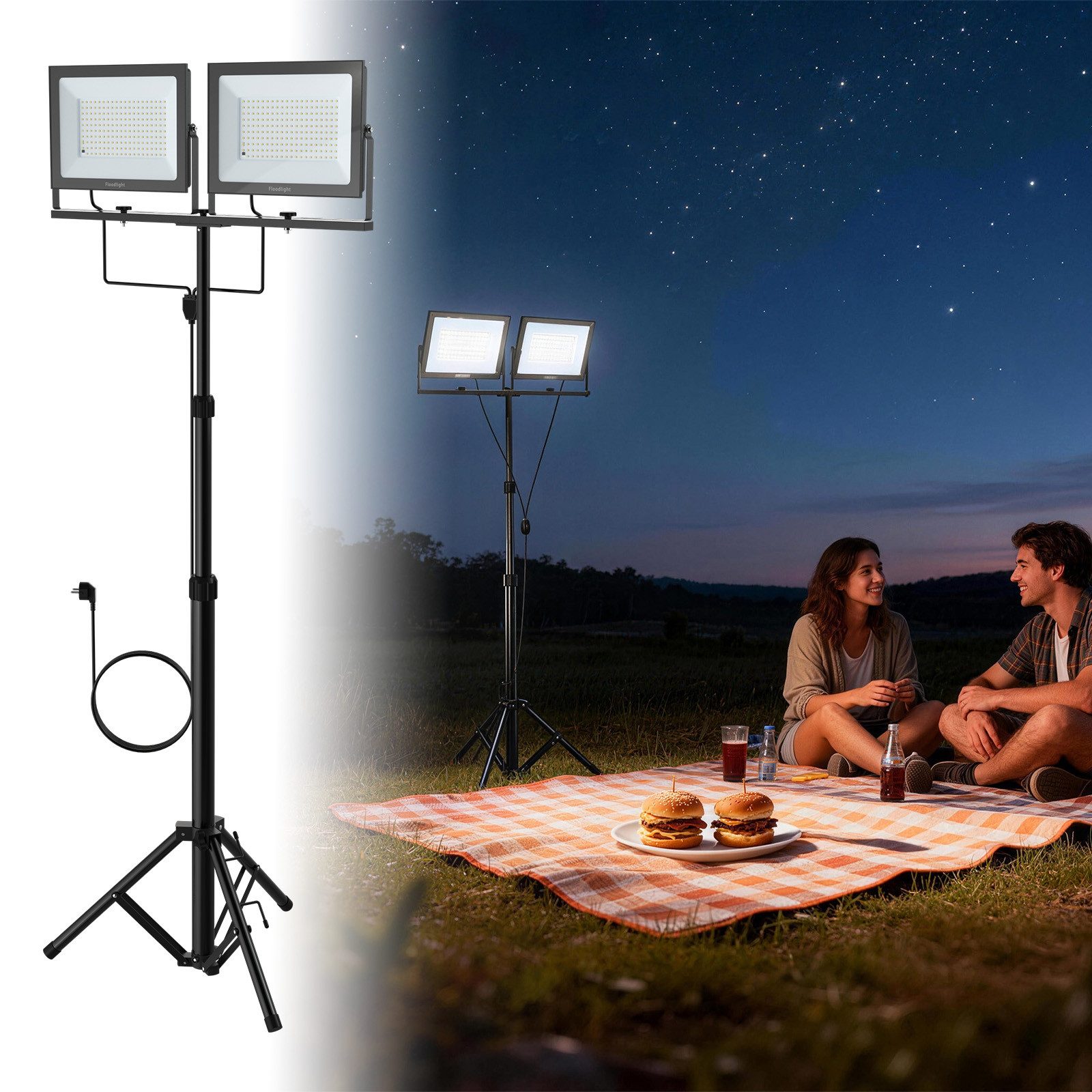 FIVMEN LED Baustrahler Doppel Arbeitsstrahler mit Einstellbar Stativ Arbeitsleuchte mit Kabel, 2*200W, Arbeitsscheinwerfer 360° Grad Drehung Strahler, Kaltweiß