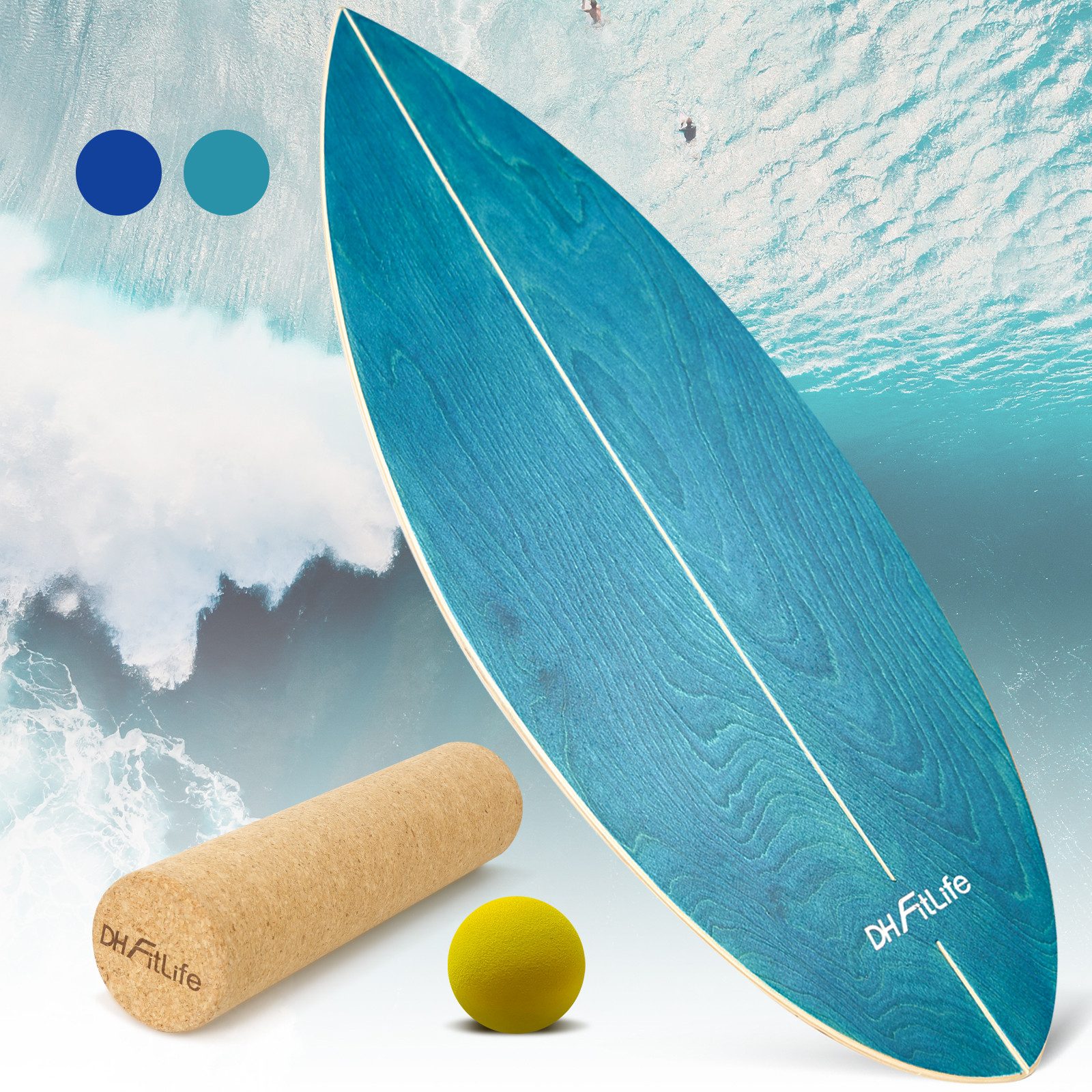 DH FitLife Balanceboard Surf Balance Board Set mit Korkrolle und Balance Ball, Für Balance, Koordination, Core-Training und Surf-Feeling