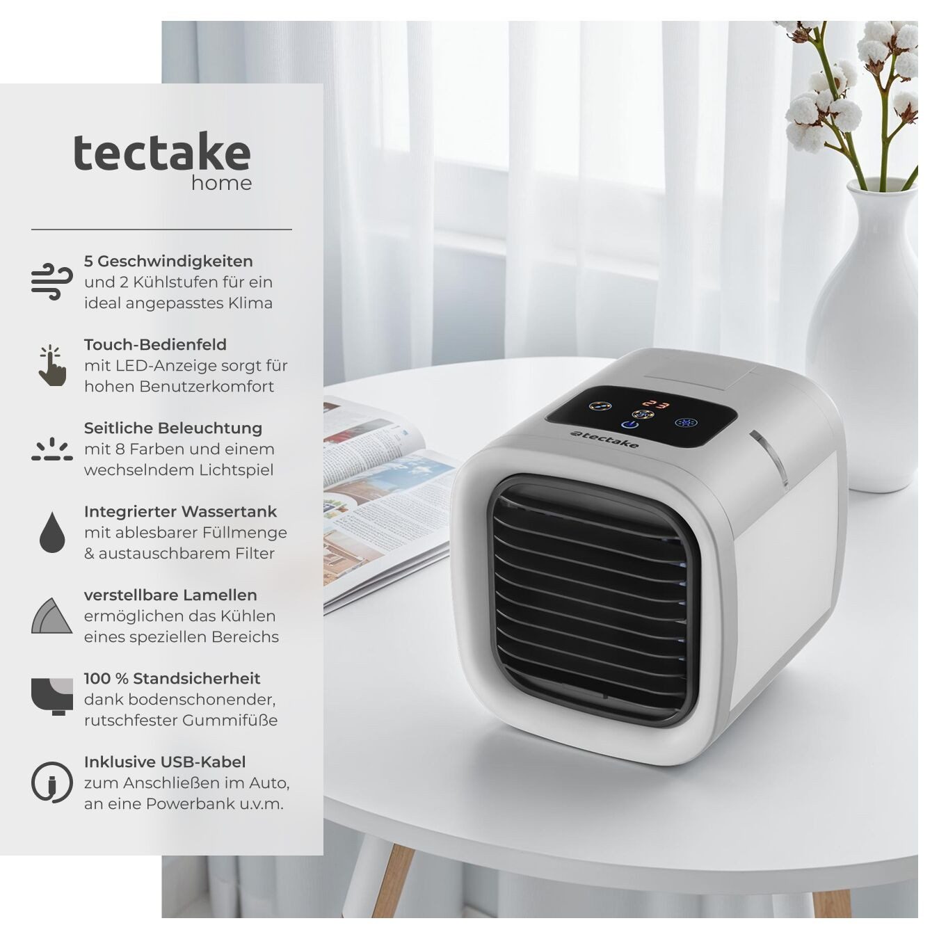 tectake Ventilatorkombigerät 3in1 Klimagerät Frosty in grau, Wassertank 250 ml, inkl. USB-Kabel, 5 Geschwindigkeits- und 2 Kühlstufen, Touch-Bedienfeld