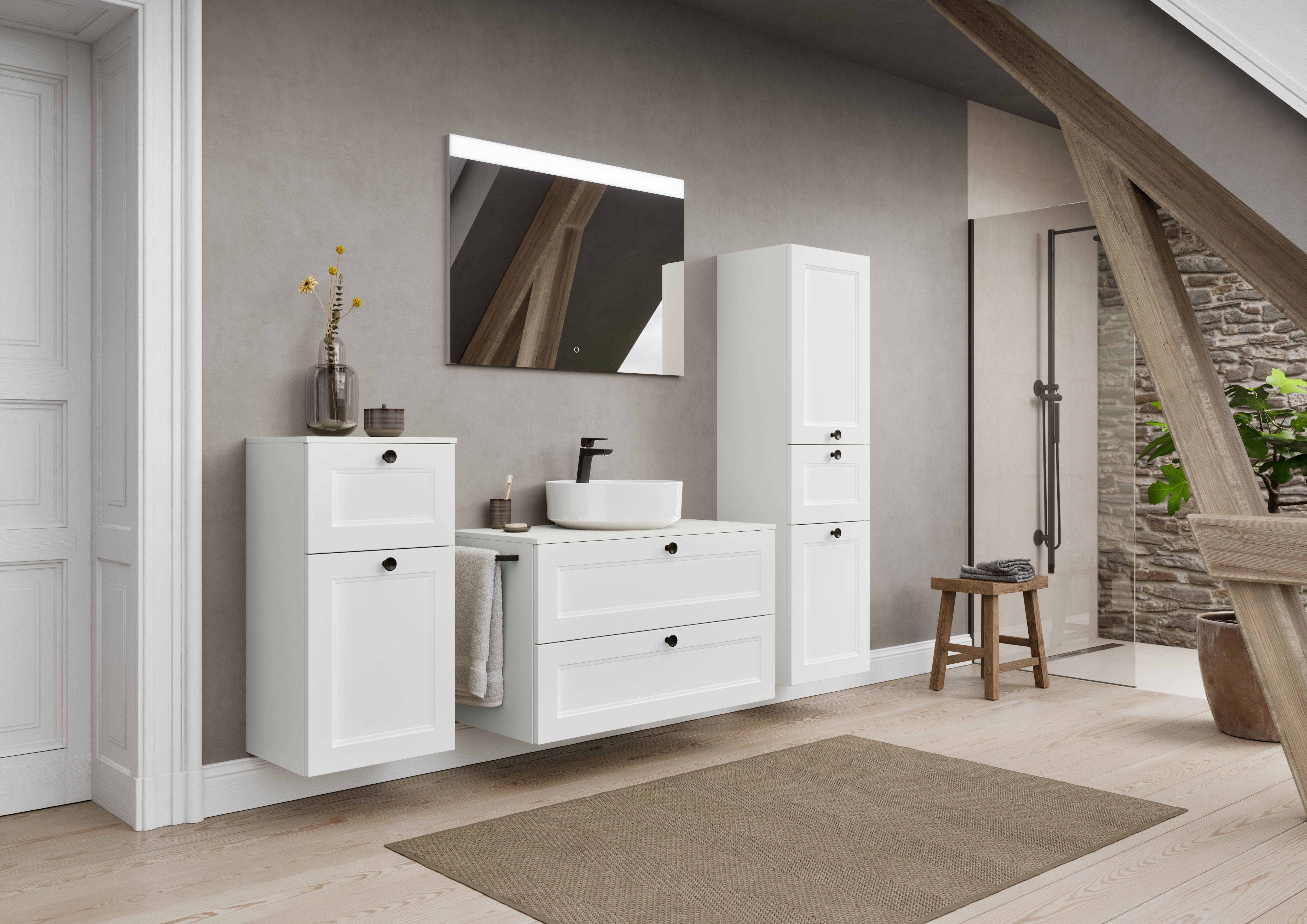 nobilia® Badmöbel-Set Cascada, (Set, 2-St., inkl. Aufsatzwaschbecken und beleuchtetem Spiegel mit Touch-Sensor), vormontiert, mit Soft-Close, in vier Breiten