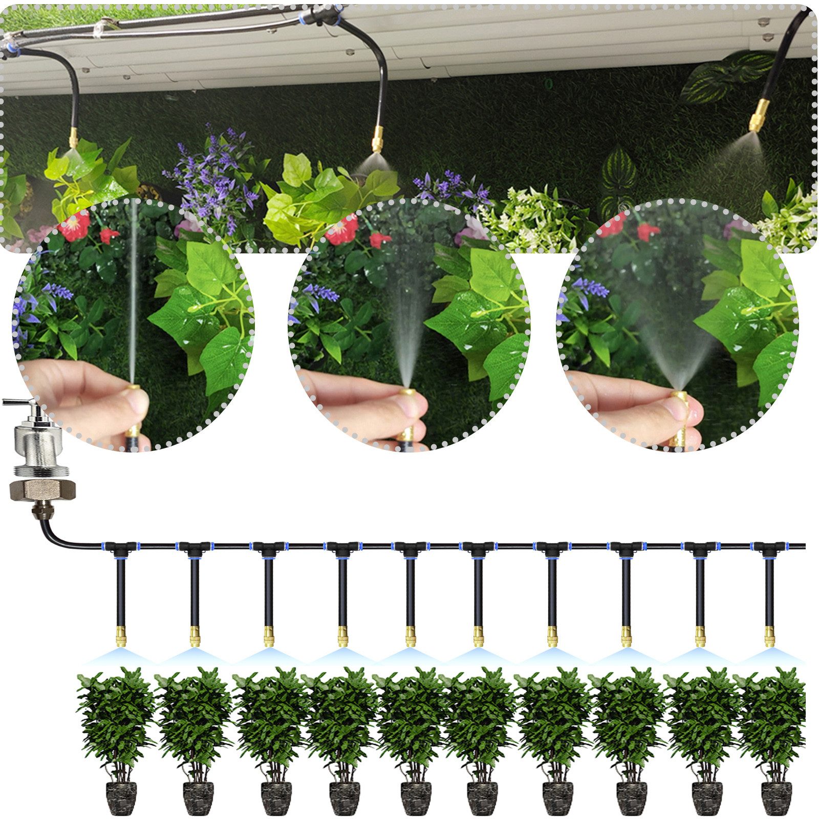 BTTO Bewässerungssystem Kupfer-Sprühdüse 360° verstellbar, Bewässerungssystem 5/10m PU-Schlauch, für Garten & Gewächshaus