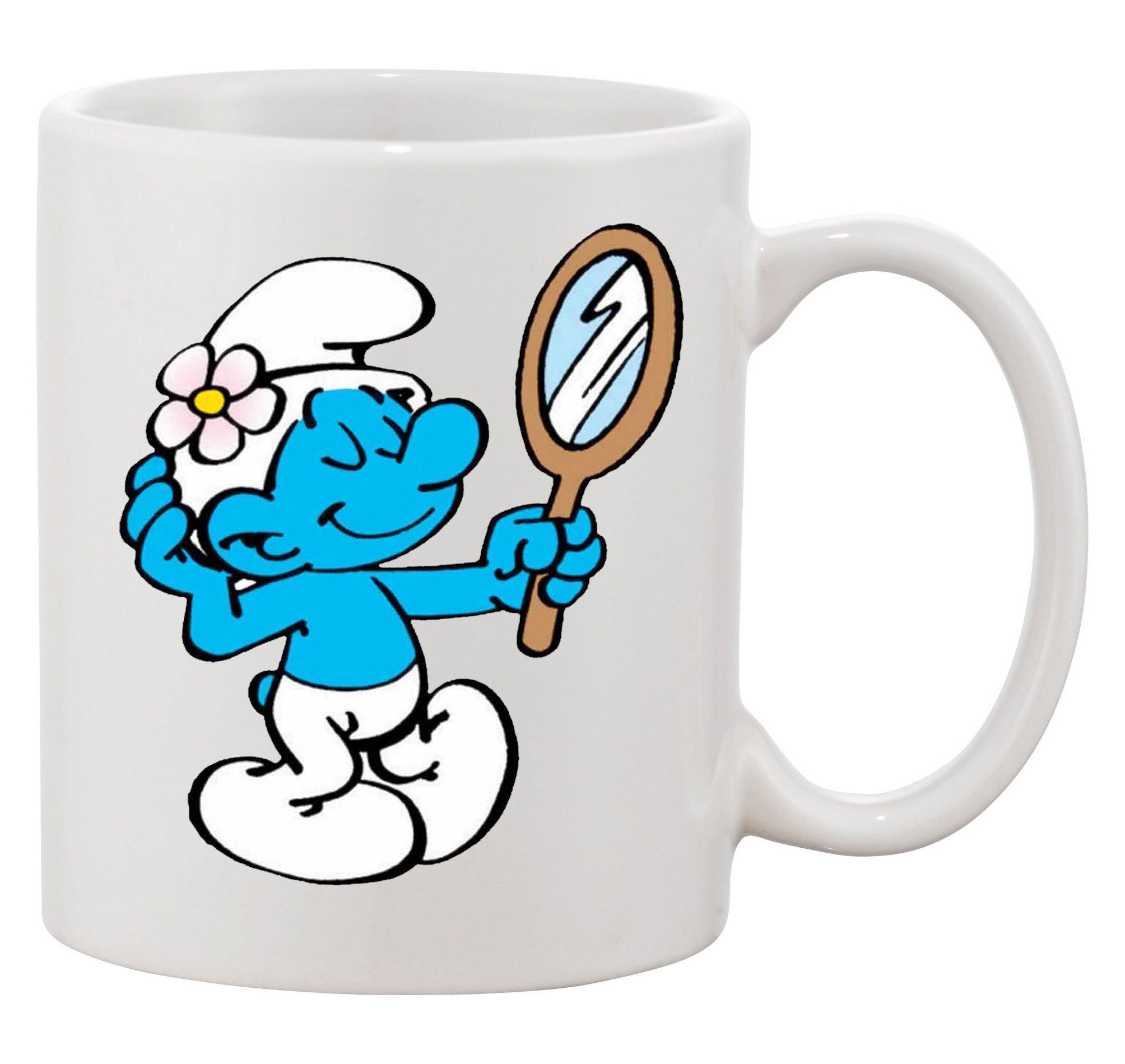 Blondie & Brownie Tasse Beauty Schlumpf Spiegelmotiv Keramikbecher Cartoon Design 300ml, 1-tlg., Keramik, Beauty Schlumpf Tasse Keramik Cartoon Motiv Kaffee Becher 300ml