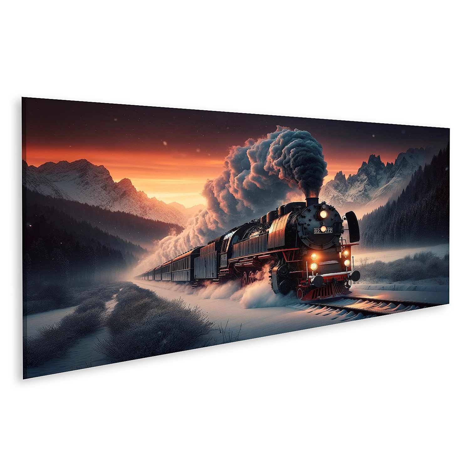 Leinwandbild Alte Dampflok im Schnee für Eisenbahn Fans
