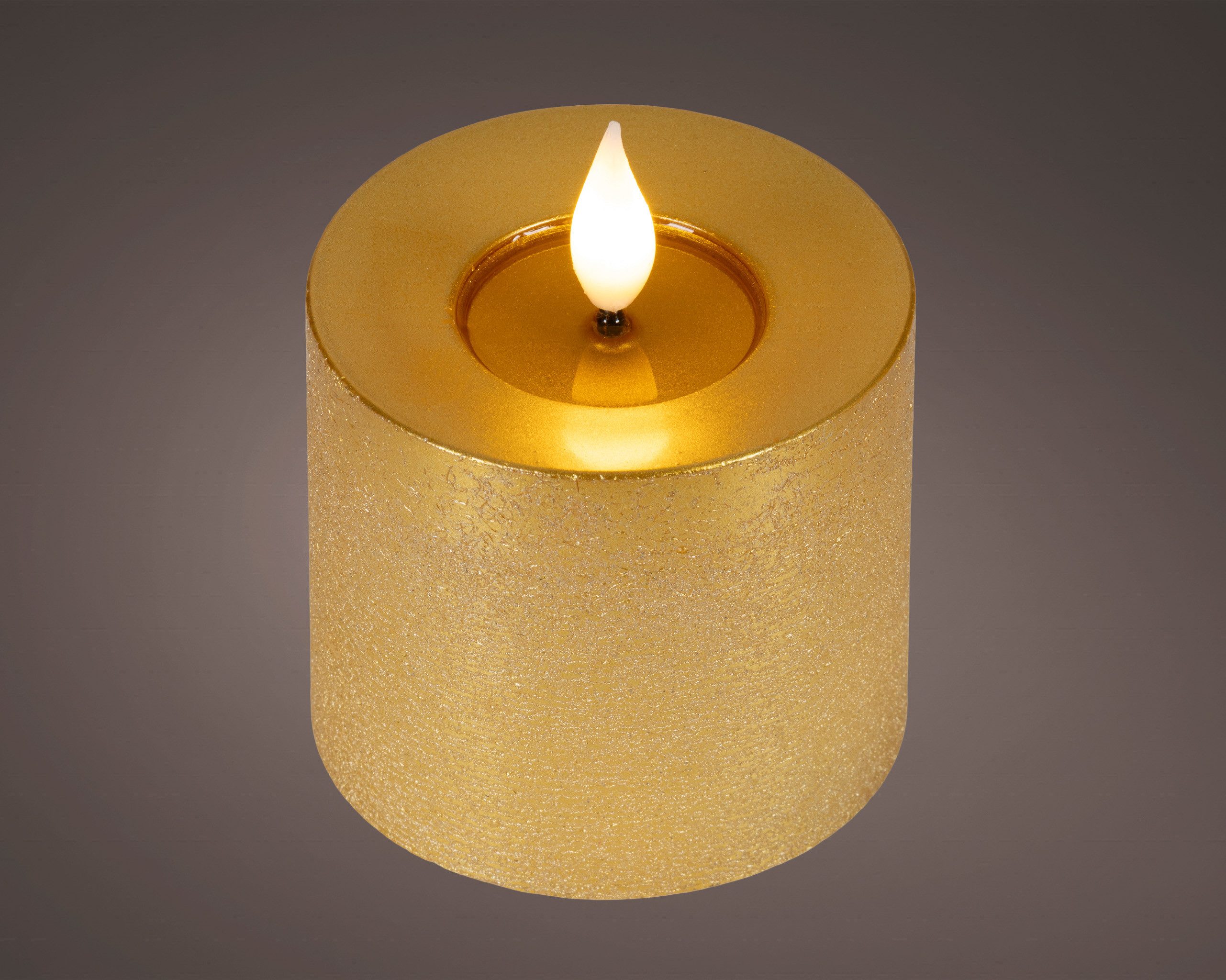 Lumineo LED-Kerze, Timer, warmweiß, LED Kerze 7,5x9,5cm mit Timer Wachs Flacker-Effekt Gold / Warmweiß