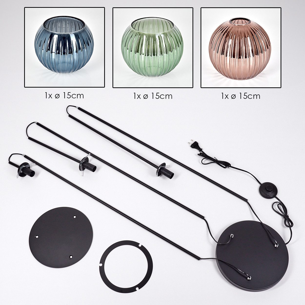 hofstein Stehlampe Stehlampe aus Metall/Riffelglas in Schwarz/Blau/Grün/Kupfer, ohne Leuchtmittel, Stehleuchte im Retro-Design m. Glasschirmen (15cm), Fußschalter, E14