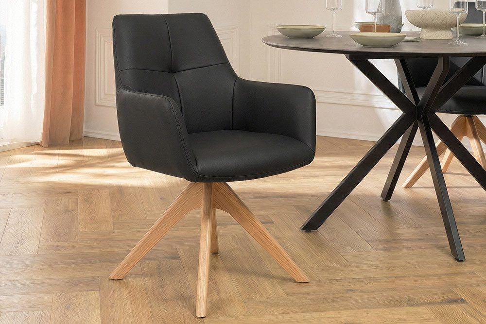 riess-ambiente Drehstuhl ALMARA schwarz/natur - Eiche, Echtleder, 360°, Massivholz, modern (Einzelartikel, 1 St), Natürlicher Polsterstuhl - ideal f. Ess- & Wohnzimmer oder Home Office