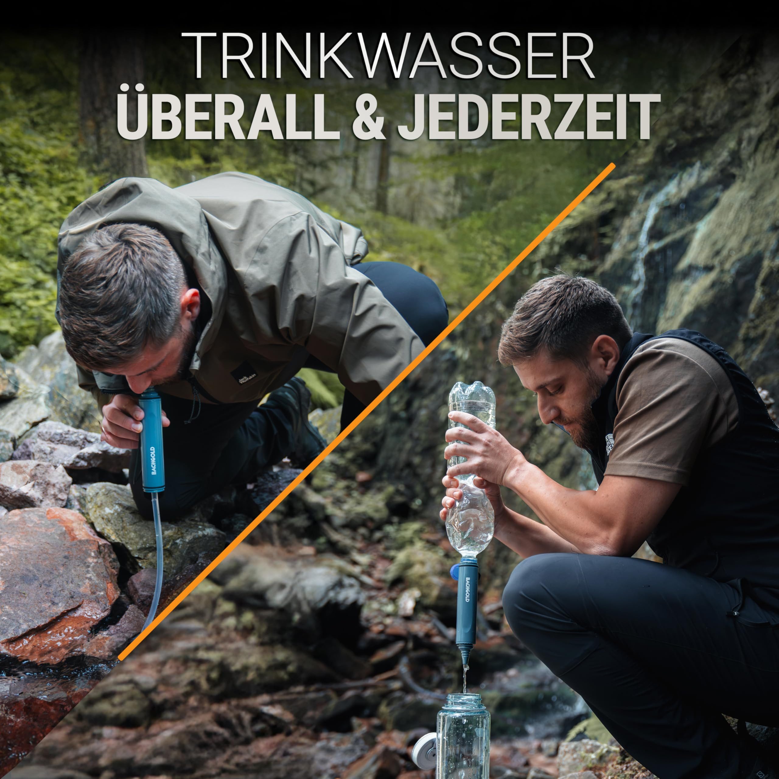 BACHGOLD Wasserfilter Straw - Outdoor Survival – Ultraleichte Prepper Ausrüstung, Zubehör für Liefert bis zu 500L Frisches Trinkwasser für Jeden Ernstfall, inkl. Schlauch, Langlebig Konstruiert