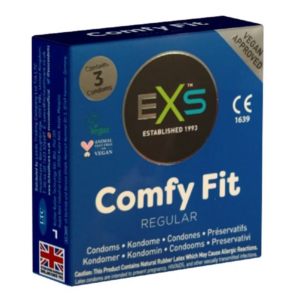EXS Kondome Regular Comfy Fit - bequeme Kondome Packung mit, 3 St., Comfort-Form, mit Feuchtbeschichtung und großem Kopfteil