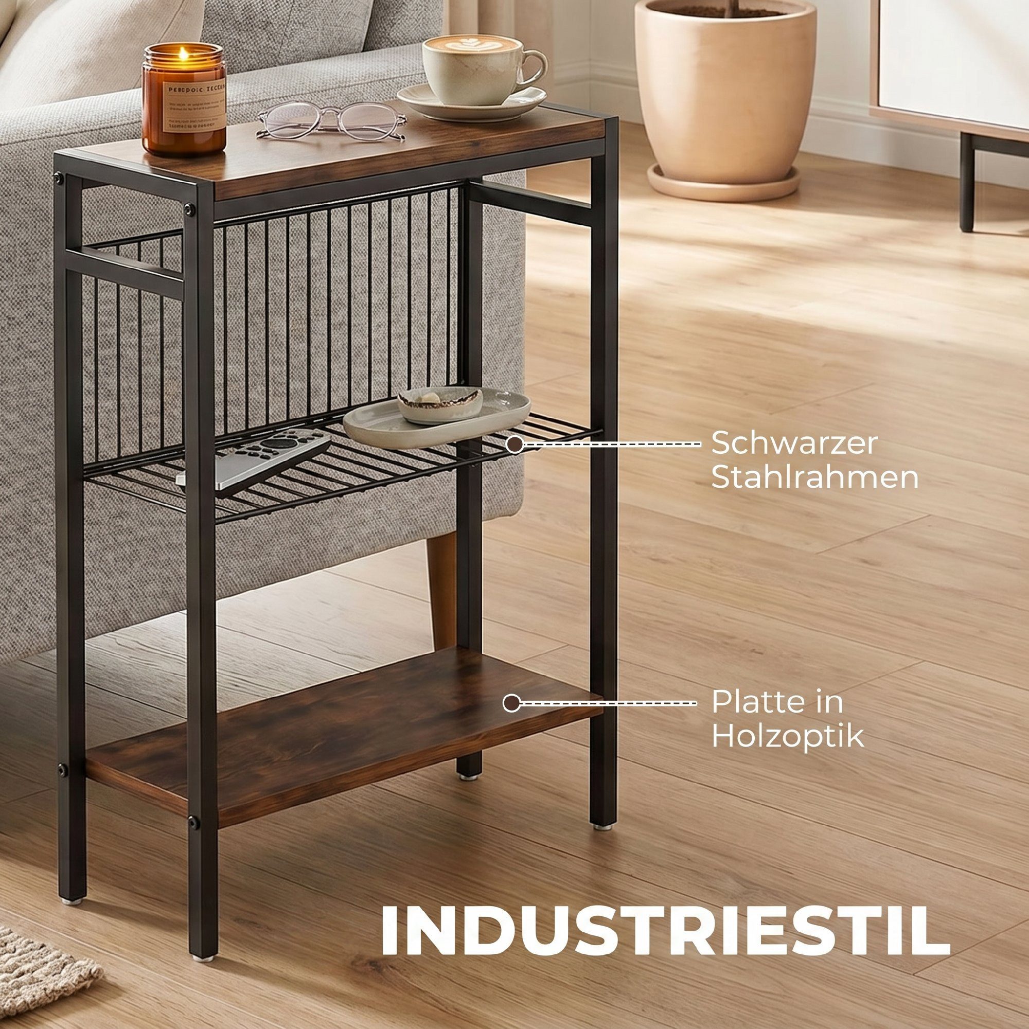 HOMCOM Beistelltisch kleiner Couchtisch Sofatisch mit Ablagen (Packung, 1-St., 1 Tisch), Stilvolles Design, drei Ablagen, kompakt, verstellbare Füße – Bild 5 von 5